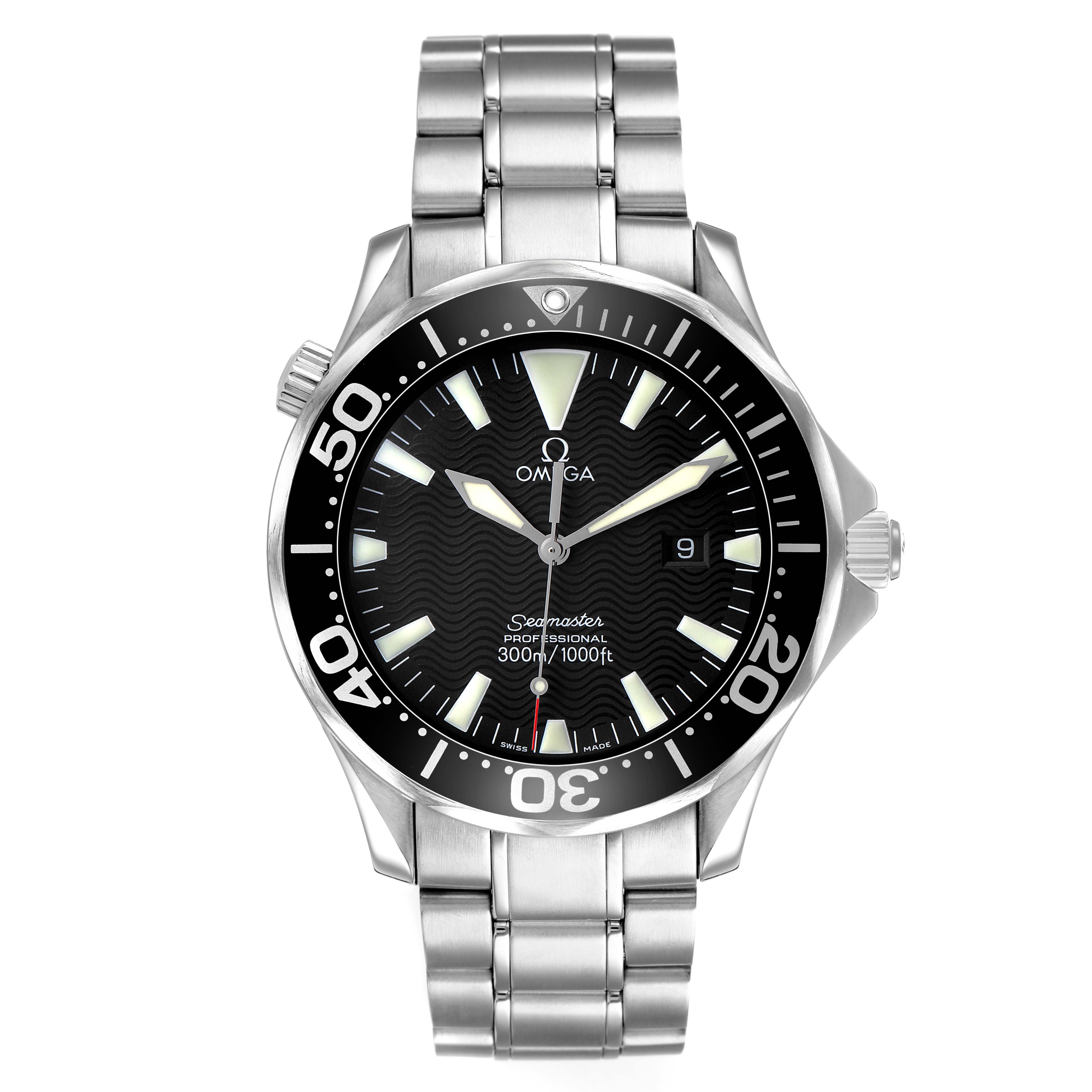 The Omega Seamaster 2264.50.00 Men's Stainless Steel Black Dial watch is shown from a top-down angle, featuring the face, bezel, and stainless steel bracelet.