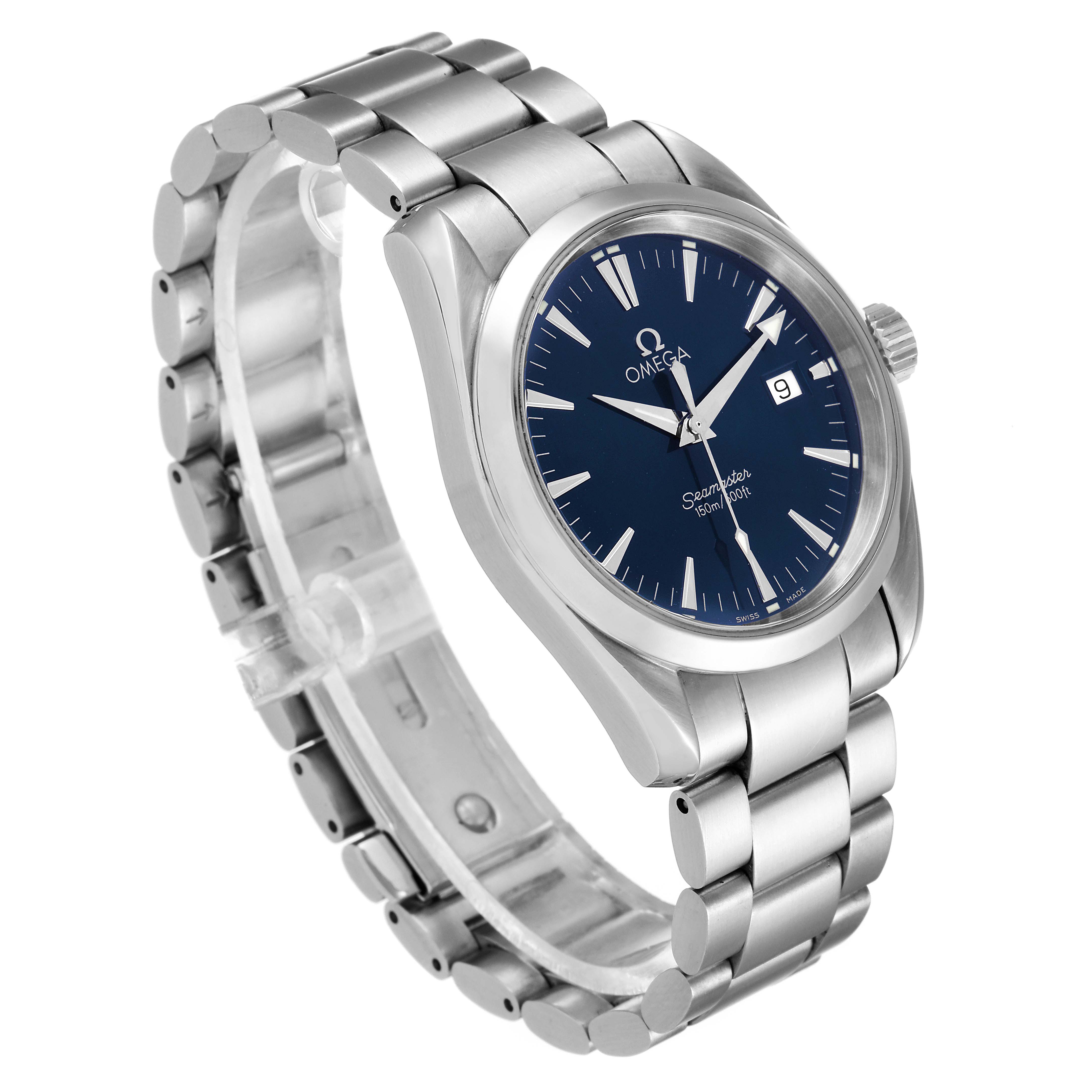 The image shows an Omega Aqua Terra 2517.80.00 Men's Stainless Steel Blue Dial 2517.80.00 Men's Stainless Steel Blue Dial watch at a three-quarter angle, highlighting the stainless steel bracelet and blue dial.