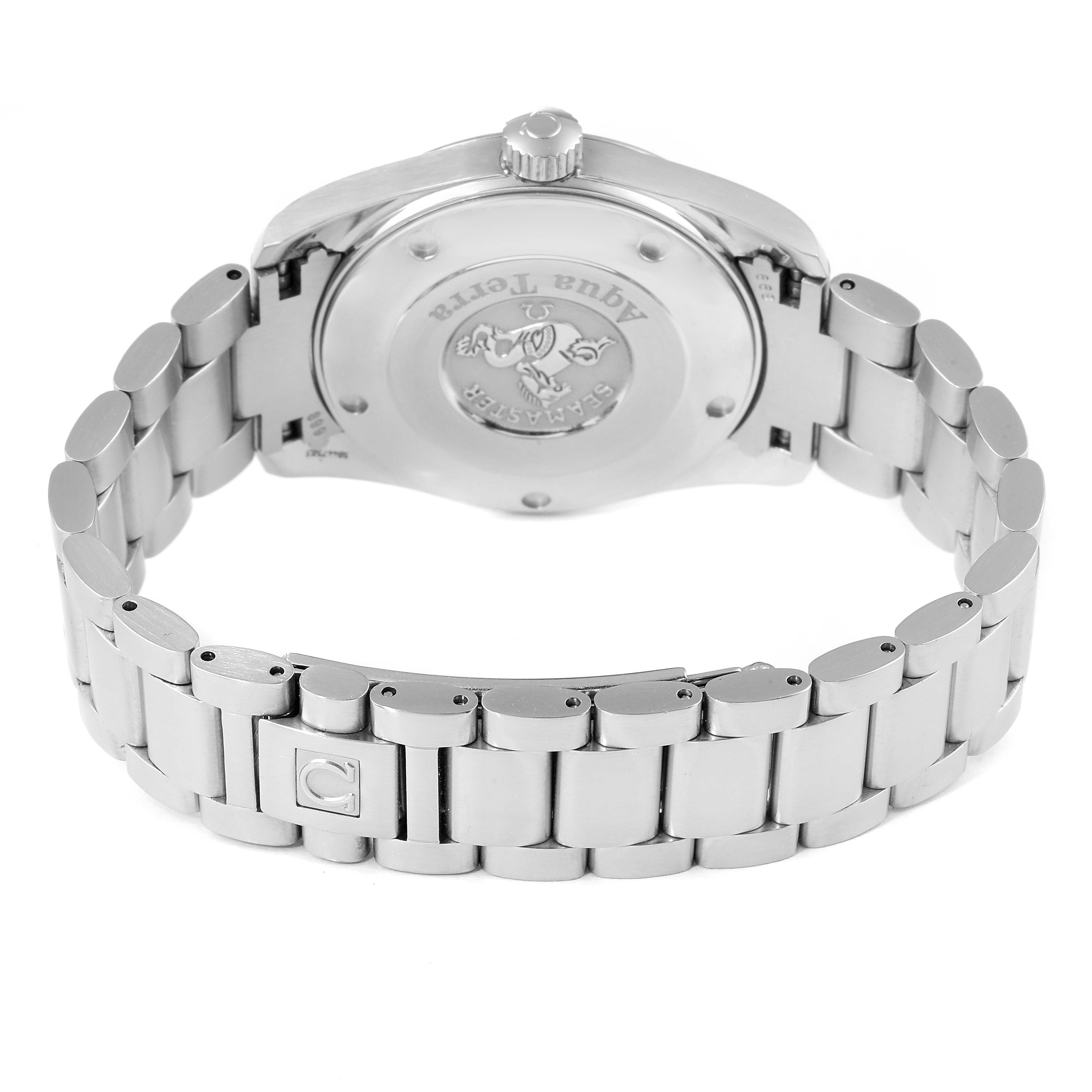 The image shows the back case and bracelet of the Omega Aqua Terra 2517.80.00 Men's Stainless Steel Blue Dial 2517.80.00 Men's Stainless Steel Blue Dial watch from a rear angle.