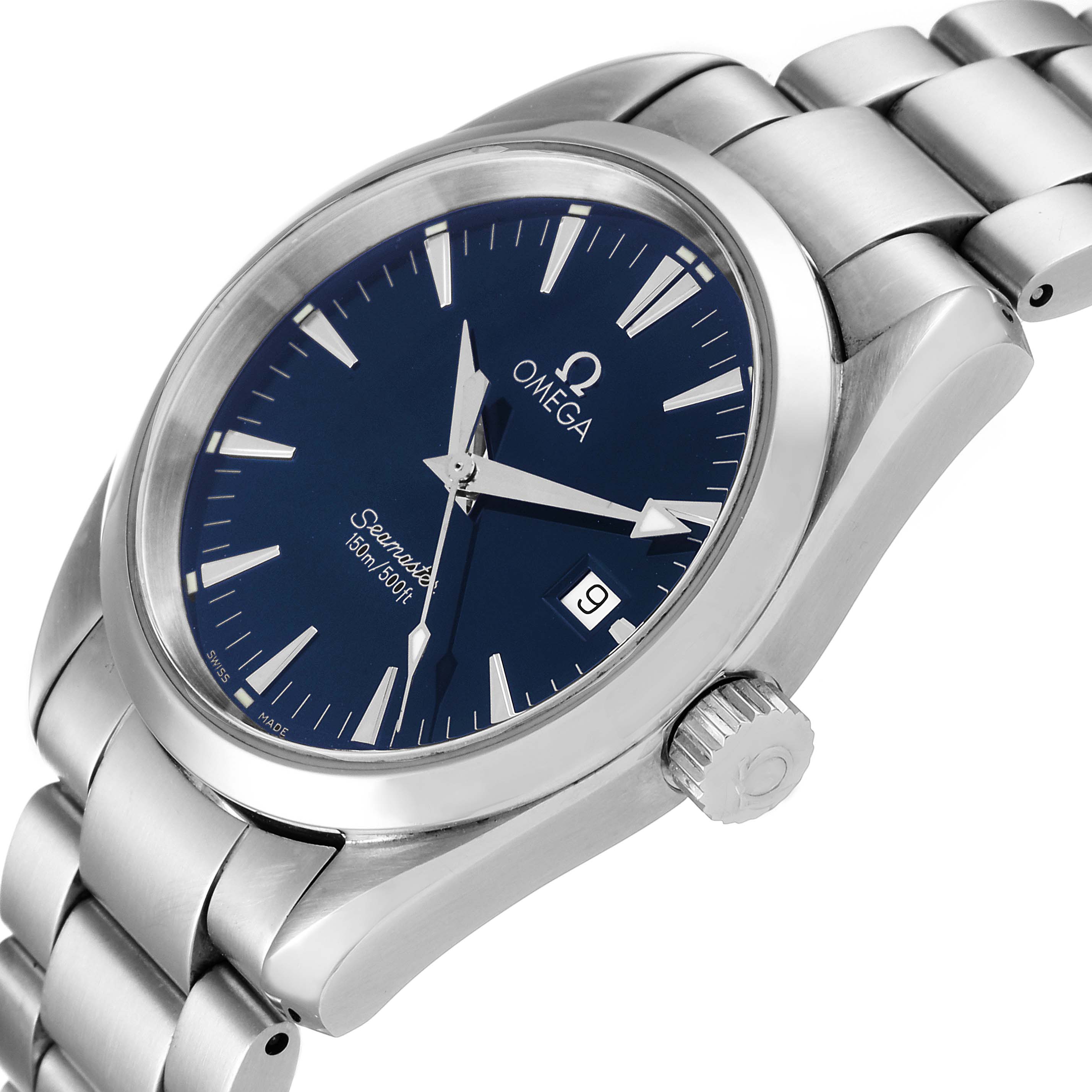 The image shows an Omega Aqua Terra 2517.80.00 Men's Stainless Steel Blue Dial 2517.80.00 Men's Stainless Steel Blue Dial watch from an angled side view, highlighting the dial, crown, and part of the bracelet.