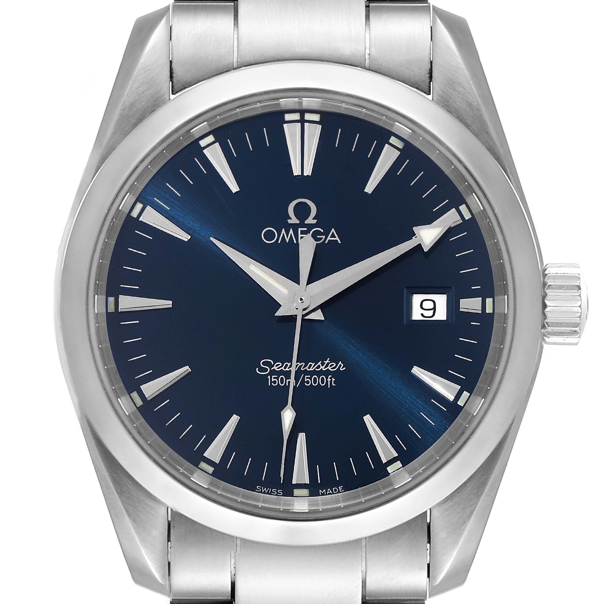 This image shows a front view of the Omega Aqua Terra 2517.80.00 Men's Stainless Steel Blue Dial 2517.80.00 Men's Stainless Steel Blue Dial Seamaster watch, displaying the dial, bezel, case, and part of the bracelet.
