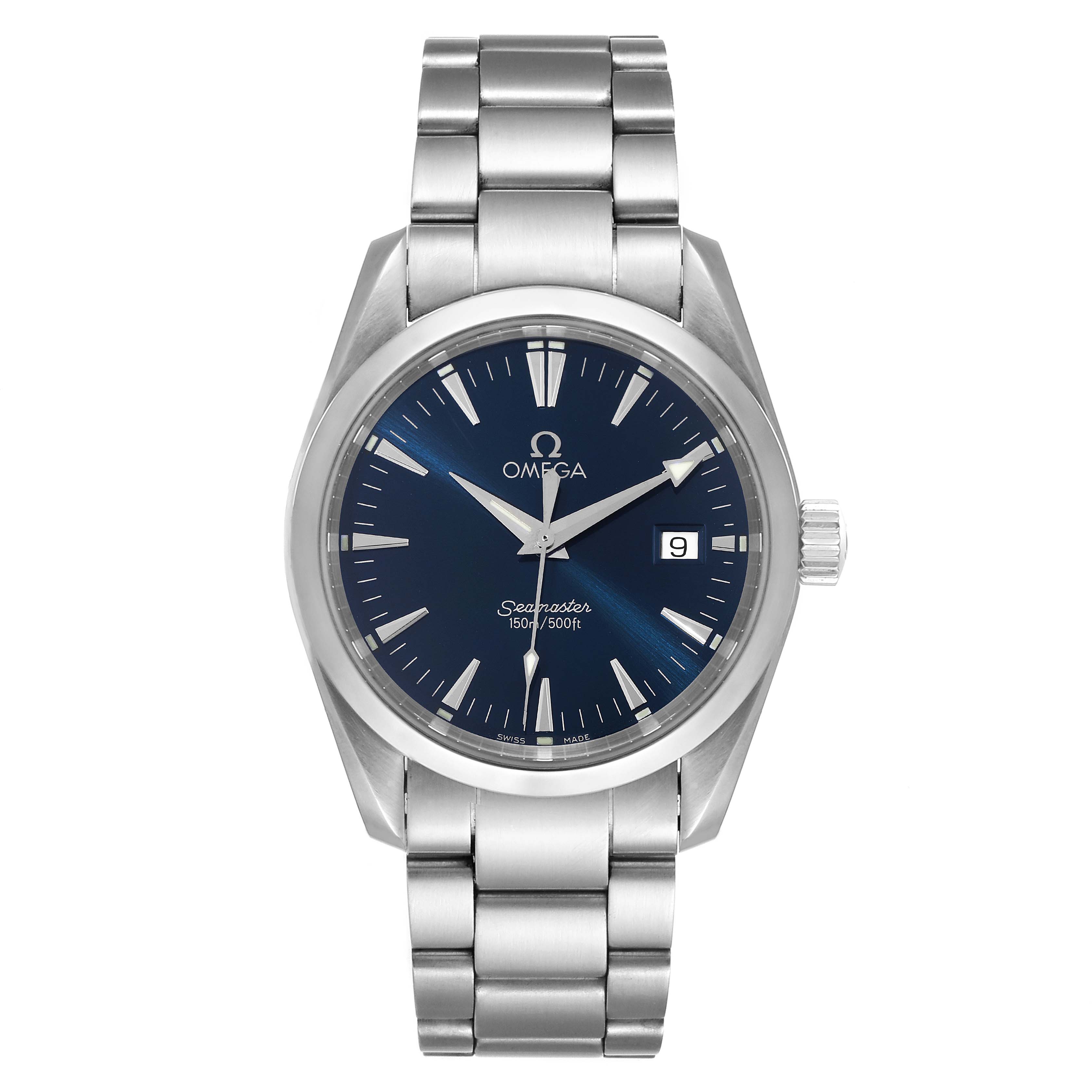 The image shows a front view of an Omega Aqua Terra 2517.80.00 Men's Stainless Steel Blue Dial 2517.80.00 Men's Stainless Steel Blue Dial watch with a metallic band and blue dial.