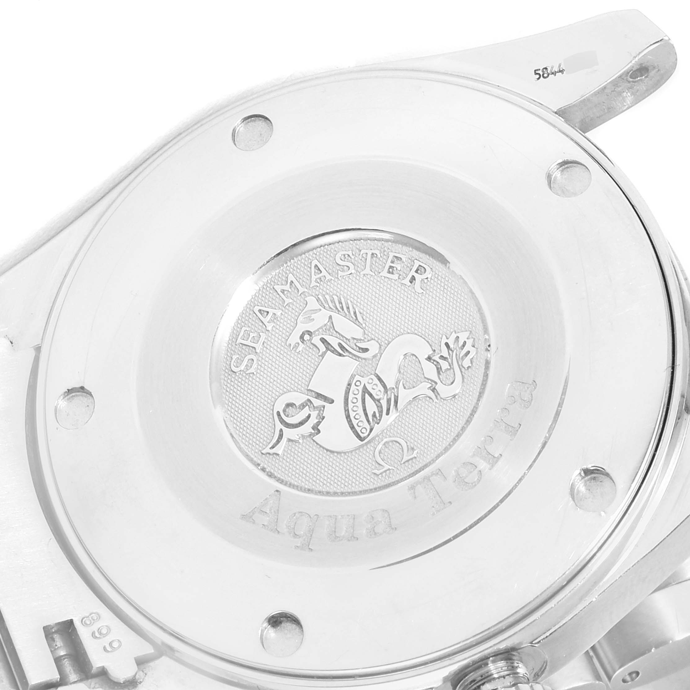 The image shows the back case of the Omega Aqua Terra 2517.80.00 Men's Stainless Steel Blue Dial 2517.80.00 Men's Stainless Steel Blue Dial watch, highlighting the Seamaster branding and emblem.