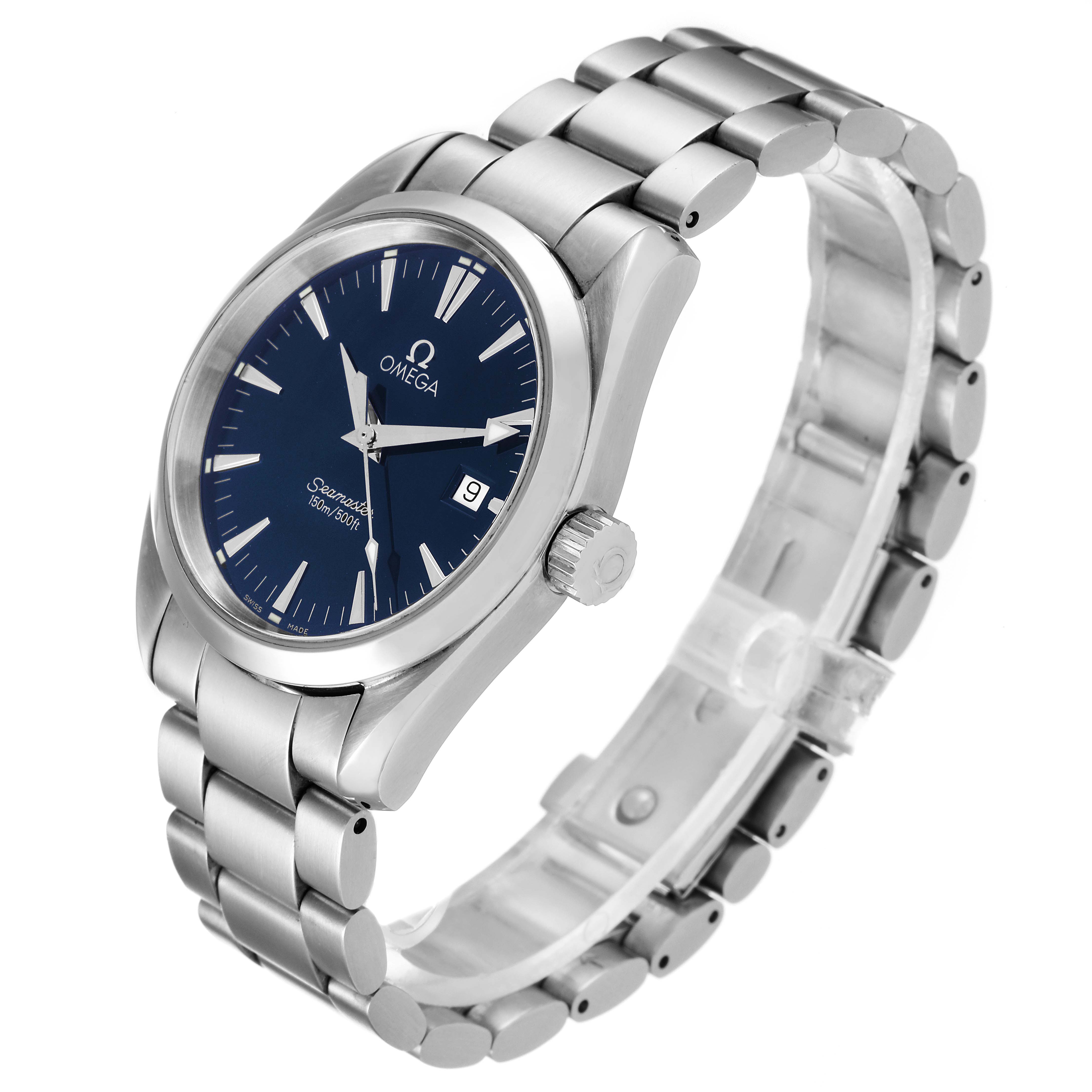 The image shows an Omega Aqua Terra 2517.80.00 Men's Stainless Steel Blue Dial 2517.80.00 Men's Stainless Steel Blue Dial watch from an angled perspective, highlighting its bracelet, case, crown, and blue dial.