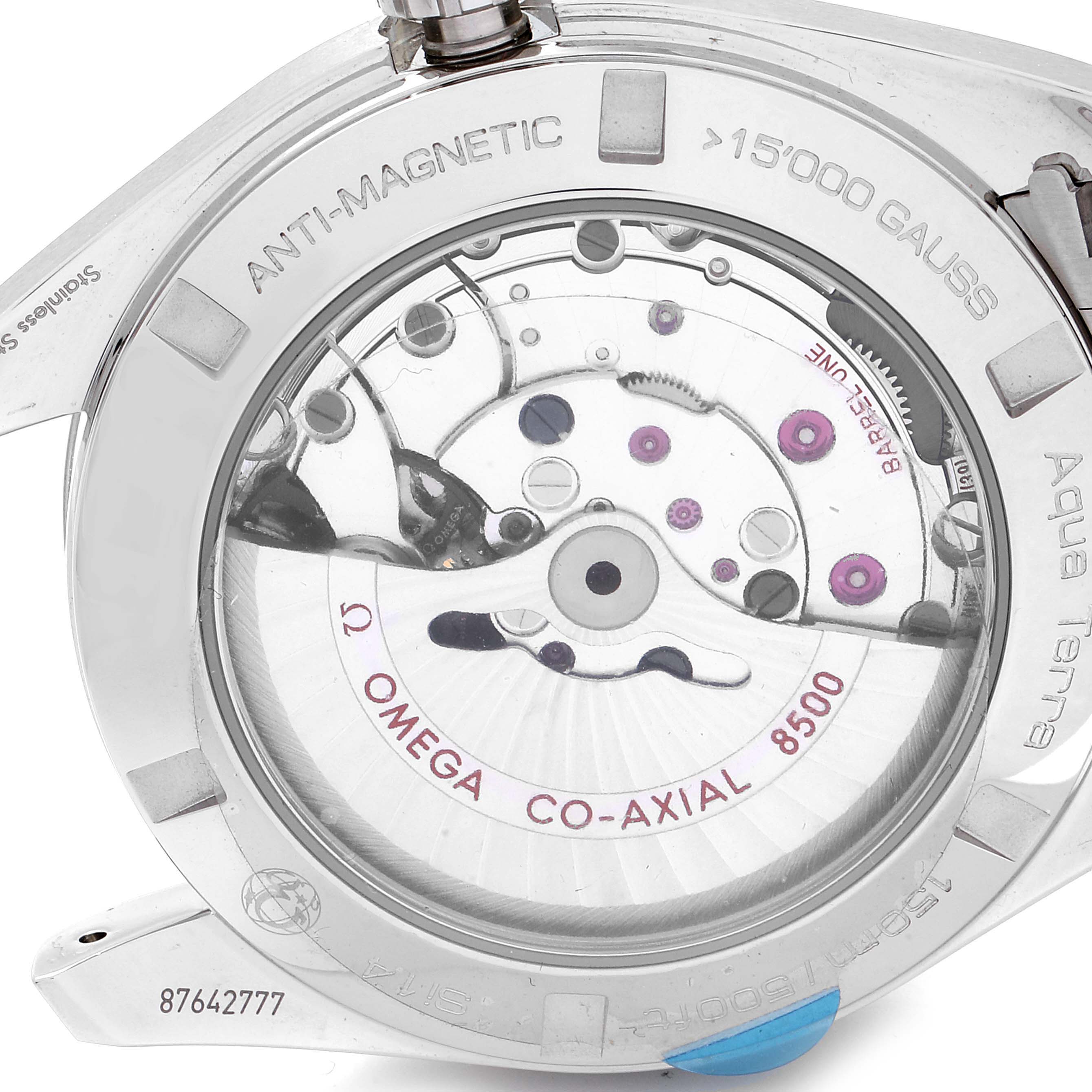 This image shows the back view of the Omega Aqua Terra 231.10.42.21.01.003 Men
s Stainless Steel Black Dial 231.10.42.21.01.003 Men
s Stainless Steel Black Dial watch, highlighting the movement and anti-magnetic properties.