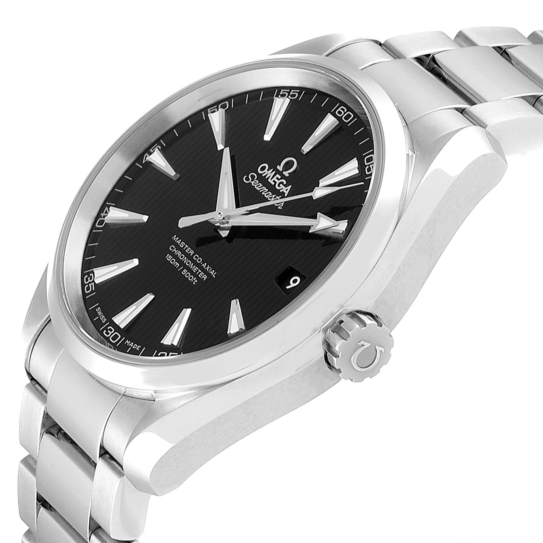 The image shows a side angle view of the Omega Aqua Terra 231.10.42.21.01.003 Men
s Stainless Steel Black Dial 231.10.42.21.01.003 Men
s Stainless Steel Black Dial watch, highlighting its black dial, crown, and stainless steel bracelet.