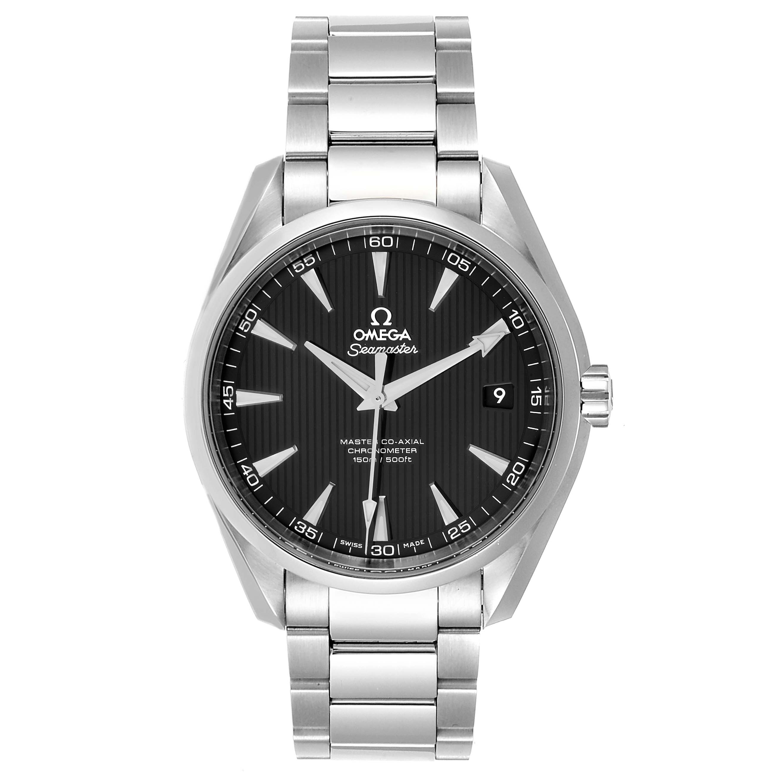 This image shows a front view of the Omega Seamaster Aqua Terra watch, featuring its face, bezel, and metal bracelet.