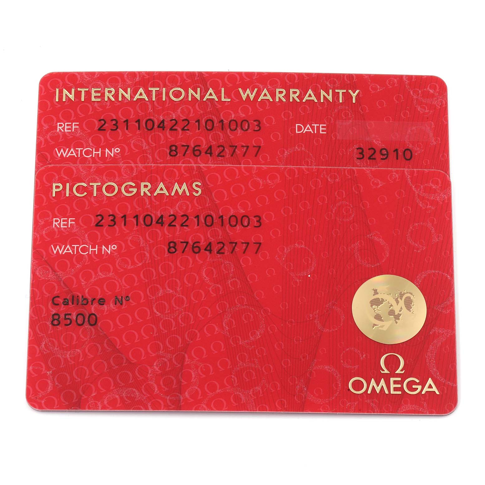 The image shows the International Warranty and Pictograms cards for the Omega Aqua Terra 231.10.42.21.01.003 Men
s Stainless Steel Black Dial 231.10.42.21.01.003 Men
s Stainless Steel Black Dial watch model.