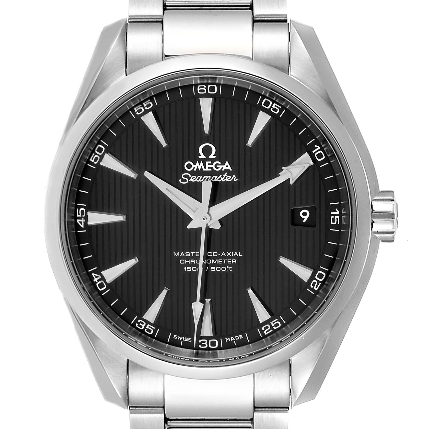 The image shows a front view of an Omega Seamaster Aqua Terra watch, highlighting its black dial, stainless steel bracelet, and date window.