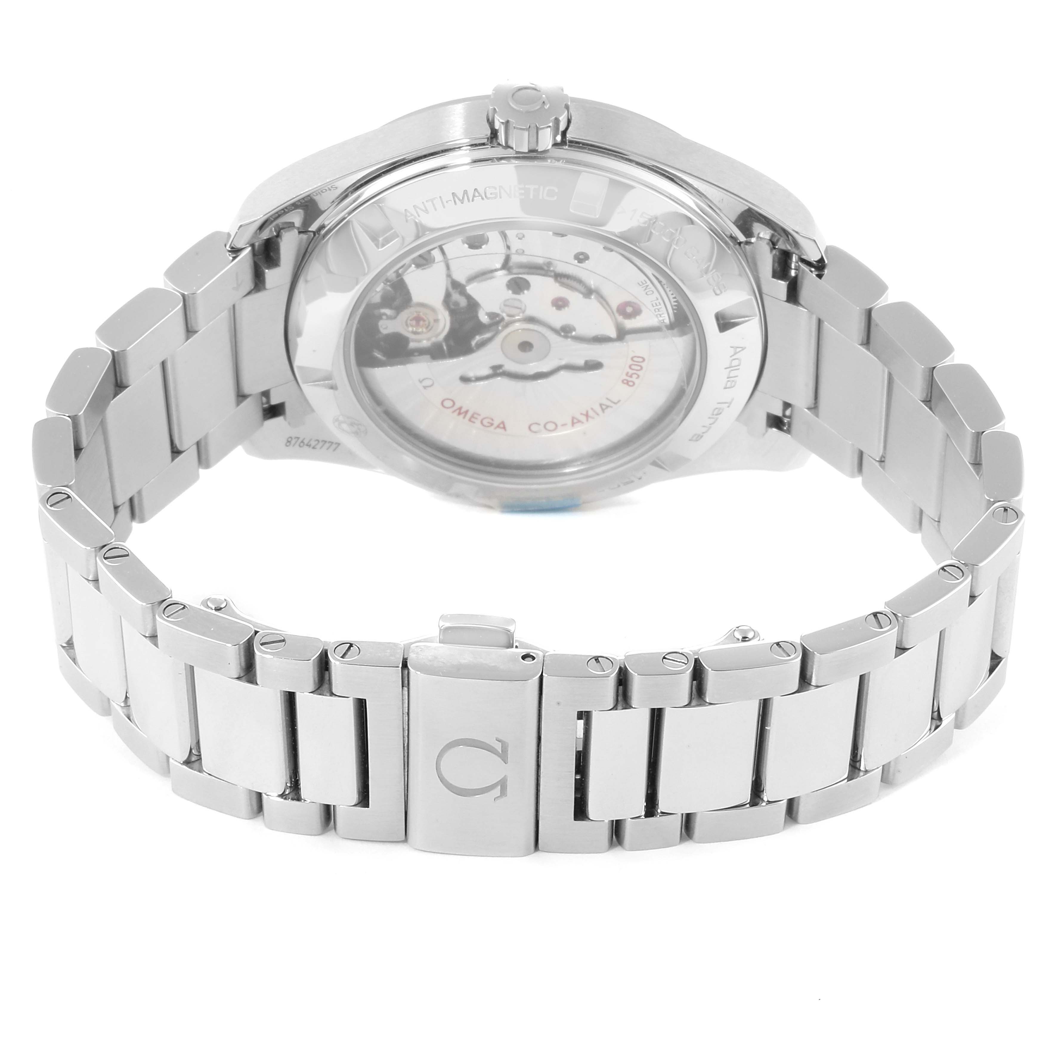 The image shows the backside and metal bracelet of an Omega Aqua Terra 231.10.42.21.01.003 Men
s Stainless Steel Black Dial 231.10.42.21.01.003 Men
s Stainless Steel Black Dial watch, highlighting its movement through a transparent case back.