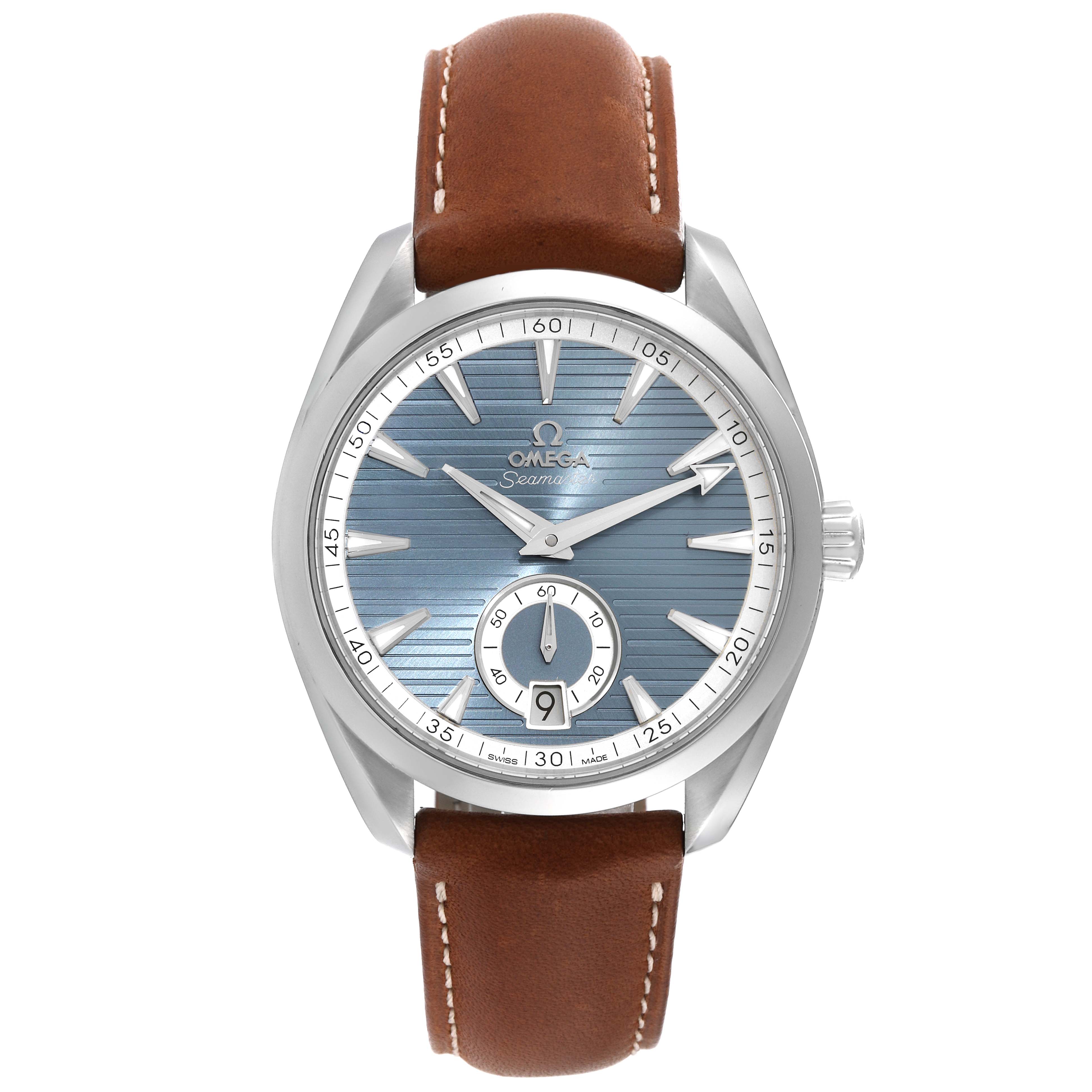 The image shows a front view of the Omega Aqua Terra 220.12.41.21.03.005 Men
s Stainless Steel Blue Dial 220.12.41.21.03.005 Men
s Stainless Steel Blue Dial watch with a brown leather strap and a blue dial.