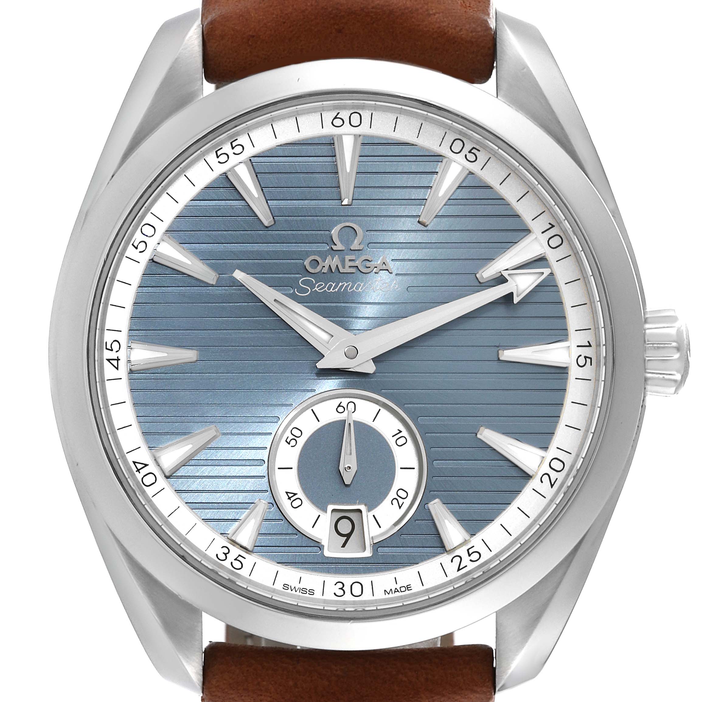 This image shows the front view of an Omega Aqua Terra 220.12.41.21.03.005 Men
s Stainless Steel Blue Dial 220.12.41.21.03.005 Men
s Stainless Steel Blue Dial watch, highlighting the dial, hour markers, and hands.