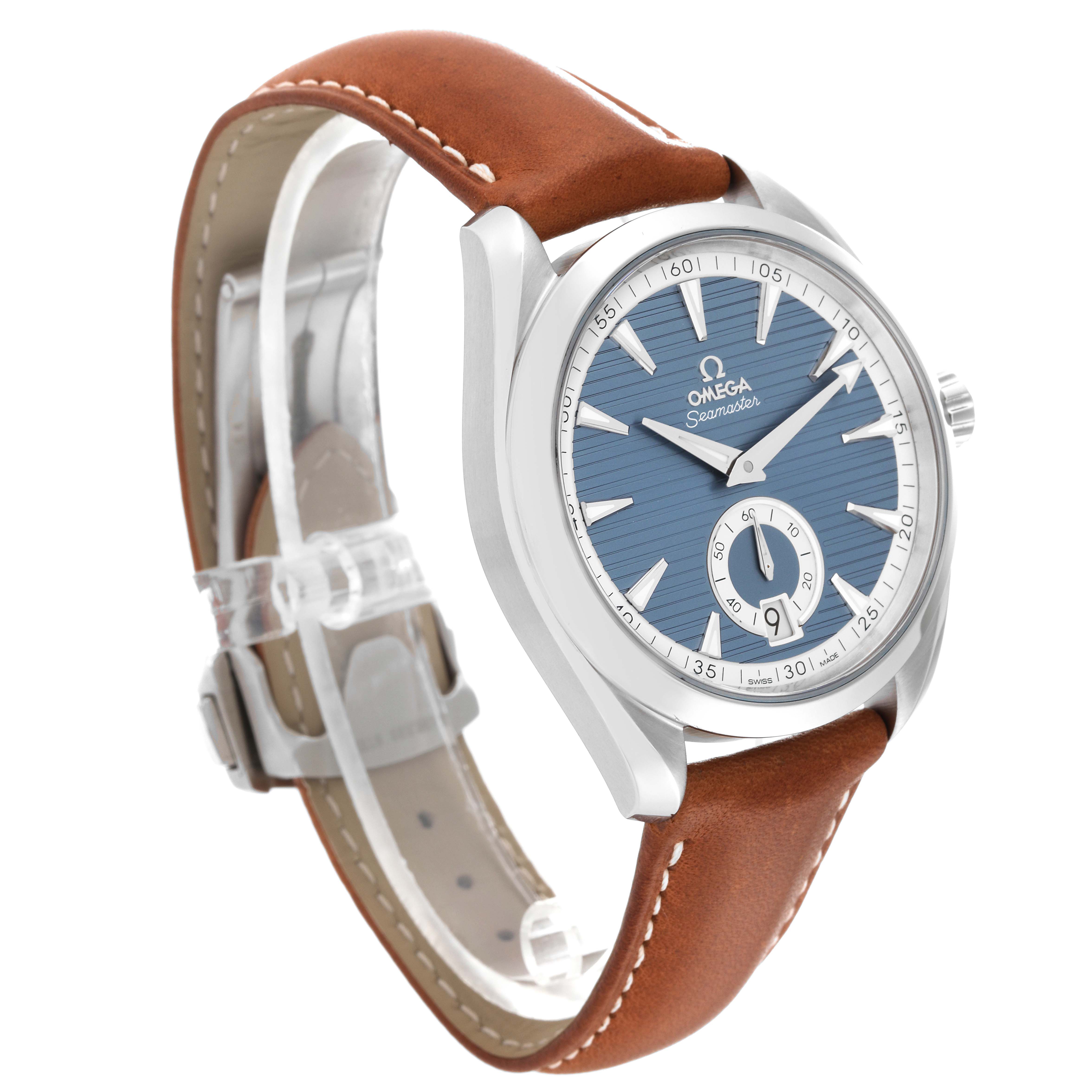 The image shows a side-angle view of the Omega Aqua Terra 220.12.41.21.03.005 Men
s Stainless Steel Blue Dial 220.12.41.21.03.005 Men
s Stainless Steel Blue Dial watch, highlighting its blue dial, brown leather strap, and silver case.