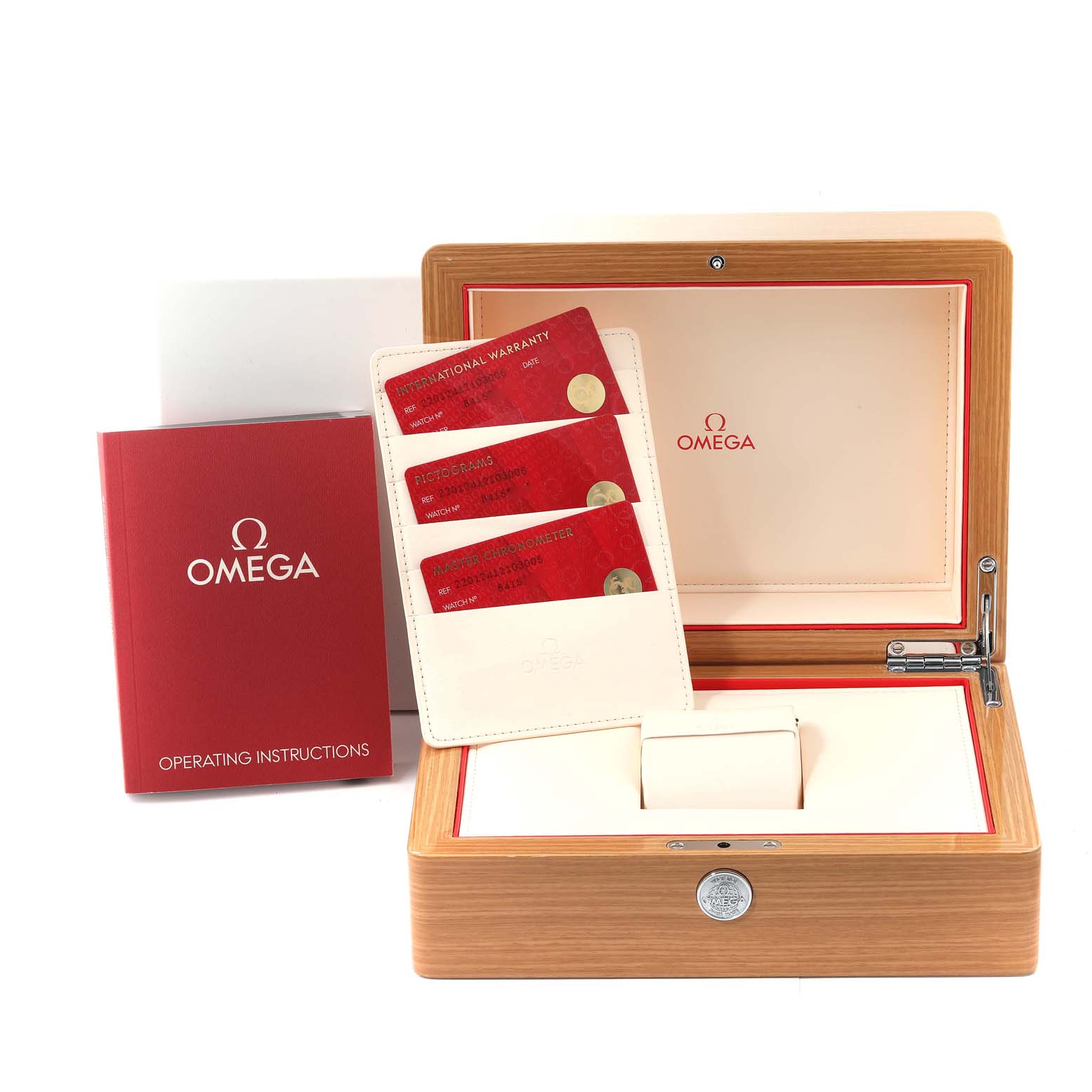 The image shows an Omega Aqua Terra 220.12.41.21.03.005 Men
s Stainless Steel Blue Dial 220.12.41.21.03.005 Men
s Stainless Steel Blue Dial model watch box, warranty cards, and operating instructions.