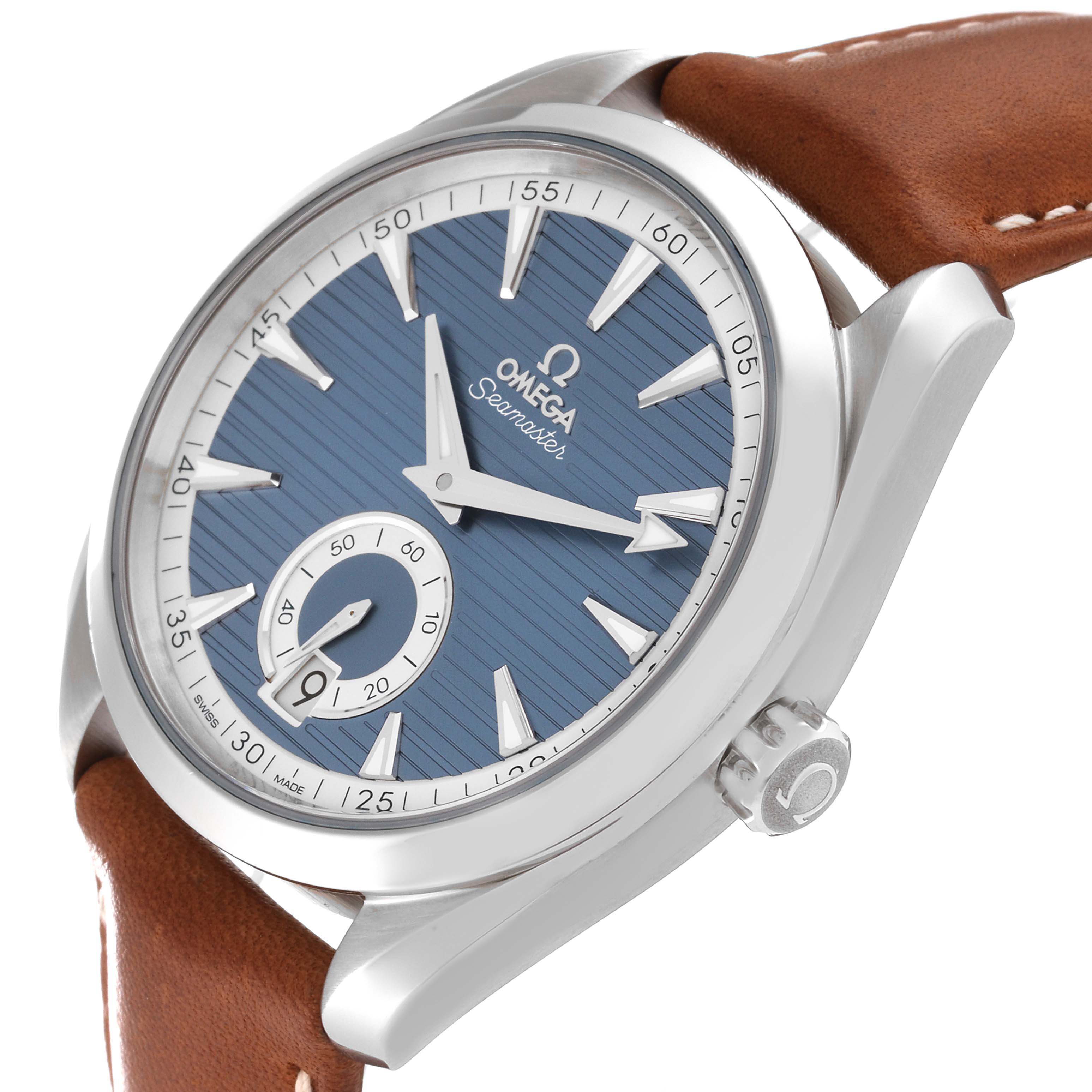 The image shows an Omega Aqua Terra 220.12.41.21.03.005 Men
s Stainless Steel Blue Dial 220.12.41.21.03.005 Men
s Stainless Steel Blue Dial watch from an angled side view, highlighting its dial, crown, and leather strap.