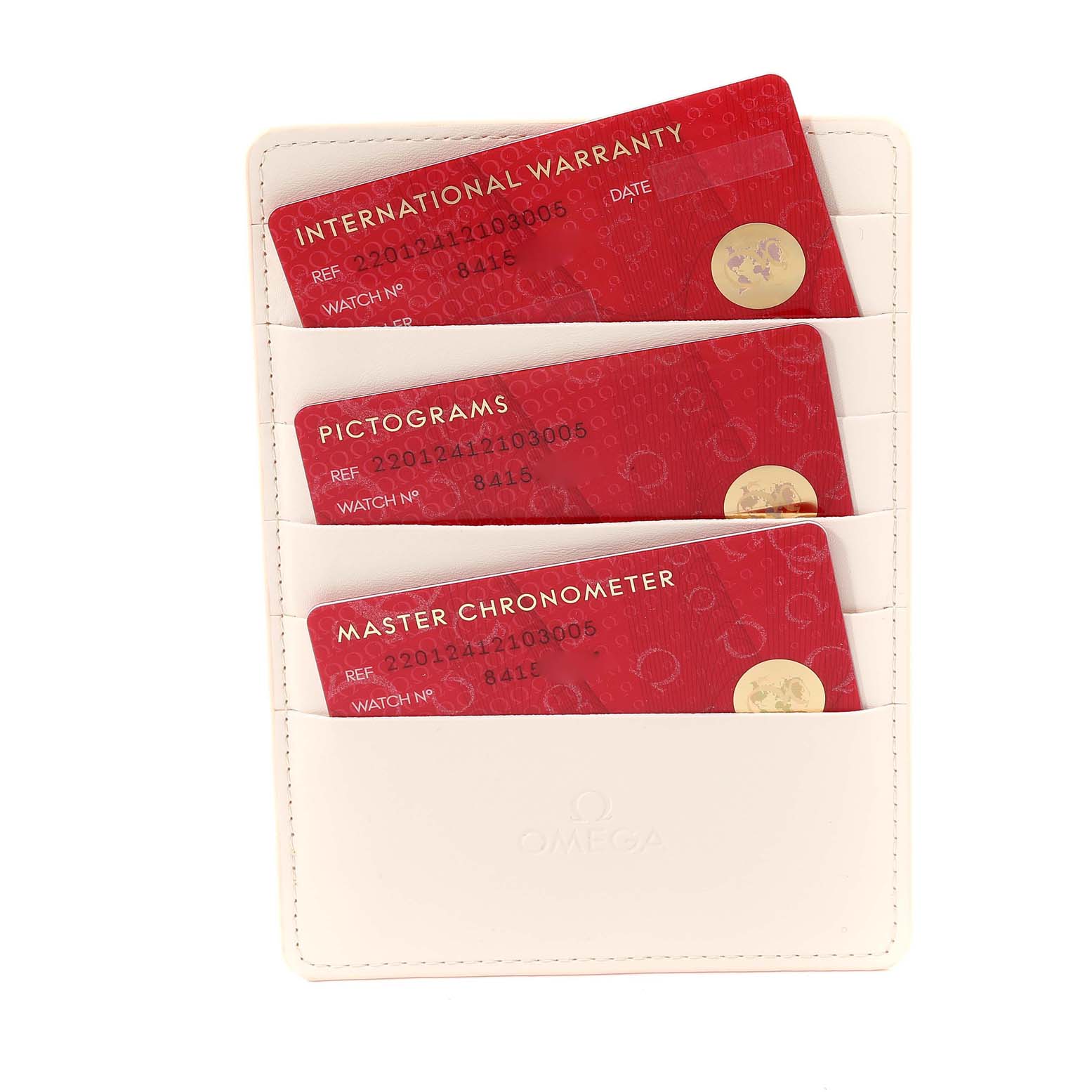 This image shows the warranty cards and certification cards for the Omega Aqua Terra 220.12.41.21.03.005 Men
s Stainless Steel Blue Dial 220.12.41.21.03.005 Men
s Stainless Steel Blue Dial watch.