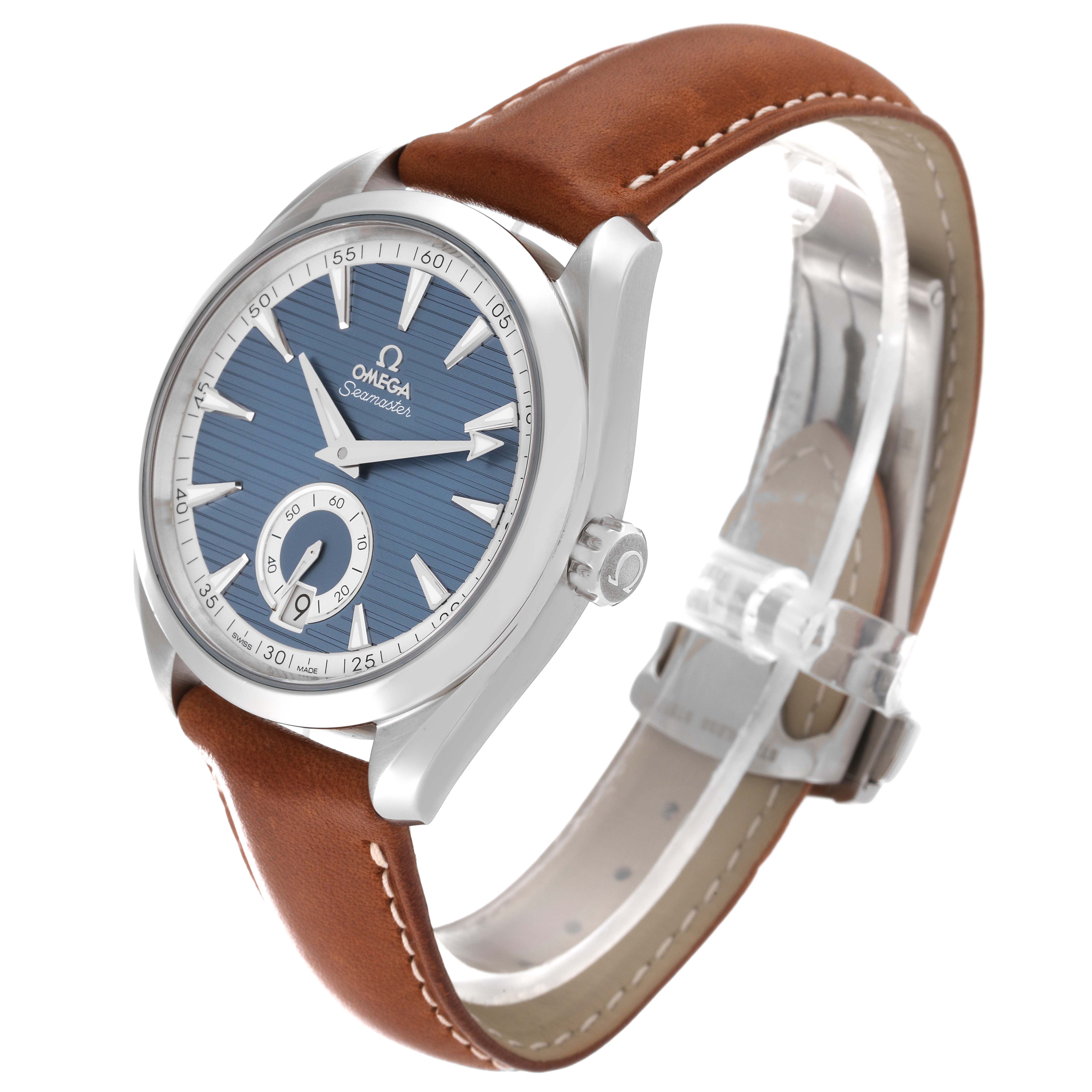 The Omega Aqua Terra 220.12.41.21.03.005 Men
s Stainless Steel Blue Dial 220.12.41.21.03.005 Men
s Stainless Steel Blue Dial watch is shown at a slight angle, highlighting the blue dial, stainless steel case, and brown leather strap.