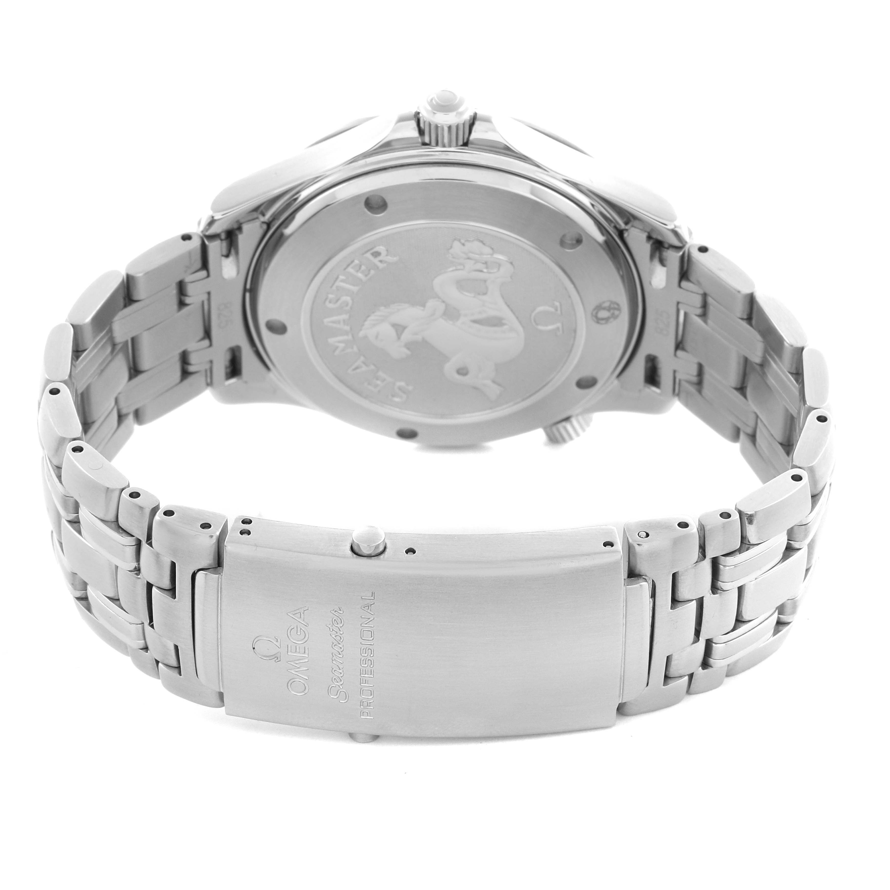 The Omega Seamaster 2220.80.00 Men
s Stainless Steel Blue Dial 2220.80.00 Men
s Stainless Steel Blue Dial is shown from the back, displaying the case back, bracelet, and clasp with engravings visible.