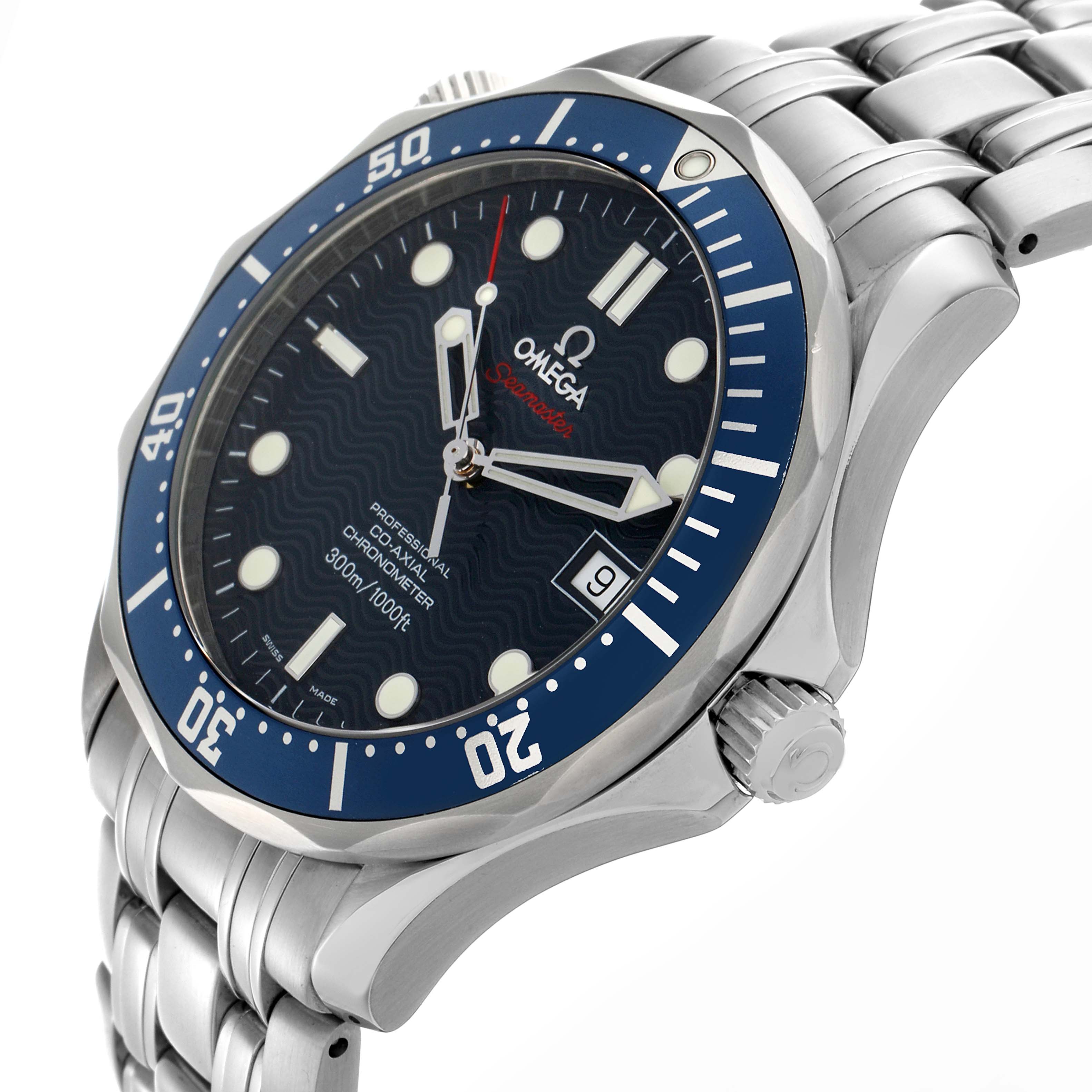 The Omega Seamaster 2220.80.00 Men
s Stainless Steel Blue Dial 2220.80.00 Men
s Stainless Steel Blue Dial watch is shown at an angled view, highlighting the bezel, dial, bracelet, and crown.