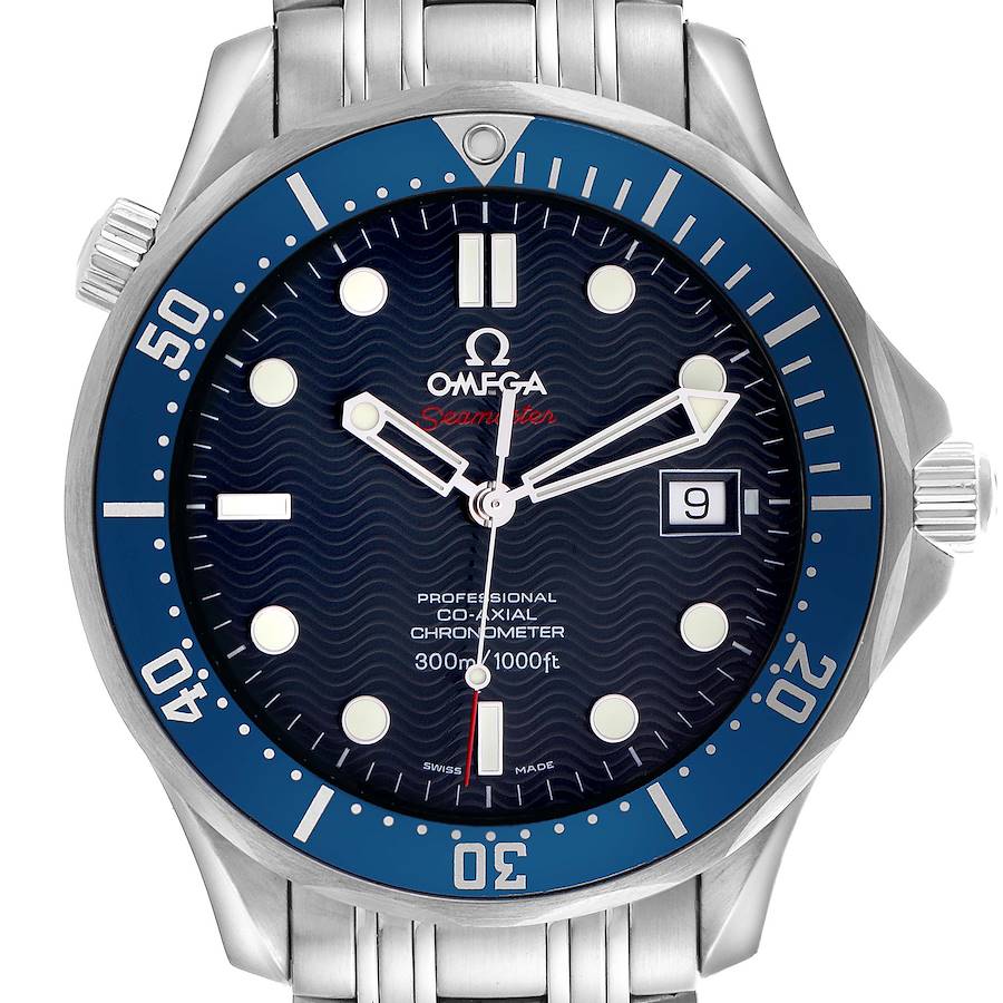 The Omega Seamaster is shown from a front angle, highlighting the dial, bezel, crown, and part of the bracelet.