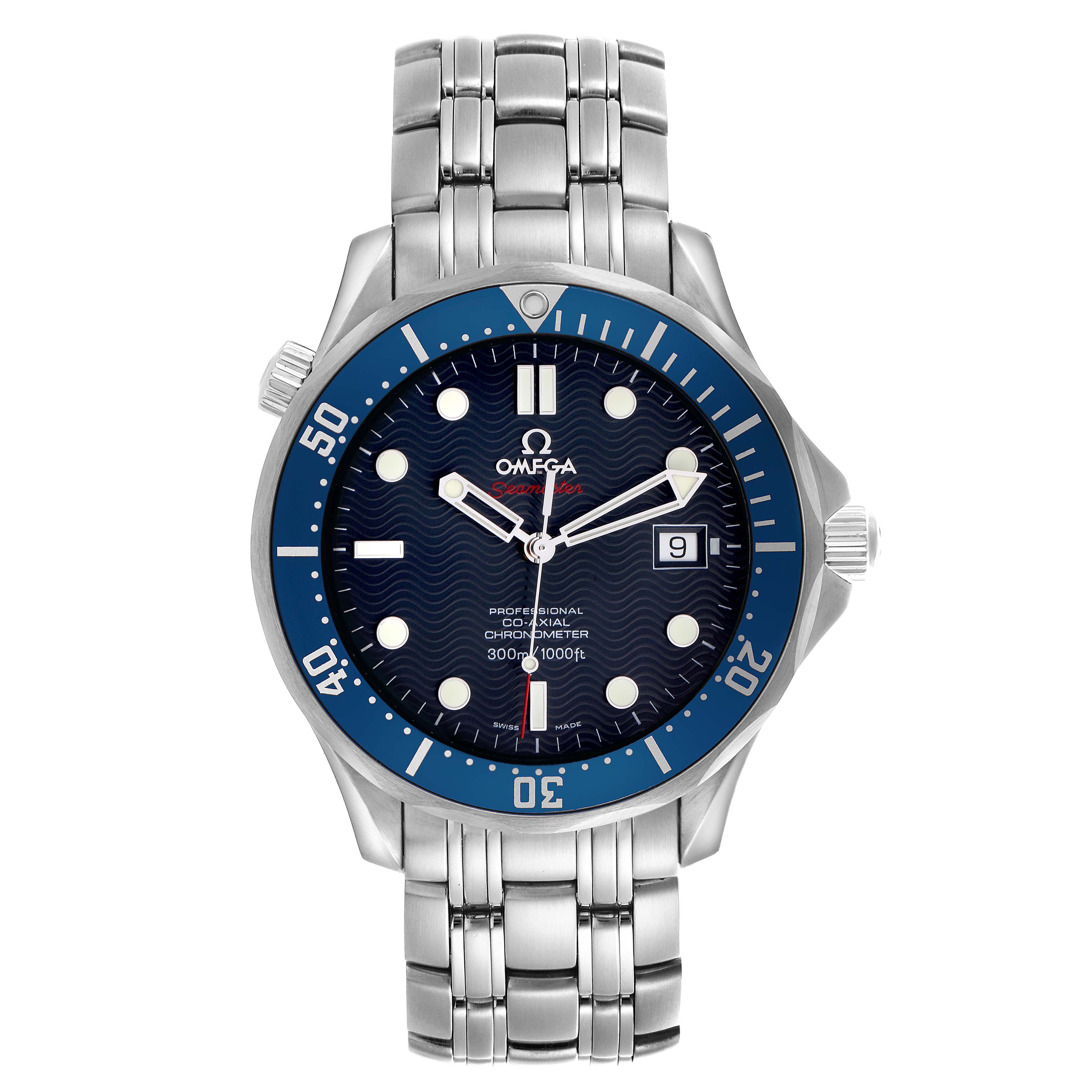 The Omega Seamaster 2220.80.00 Men
s Stainless Steel Blue Dial 2220.80.00 Men
s Stainless Steel Blue Dial watch is shown from a front angle, displaying the dial, bezel, and stainless steel bracelet.