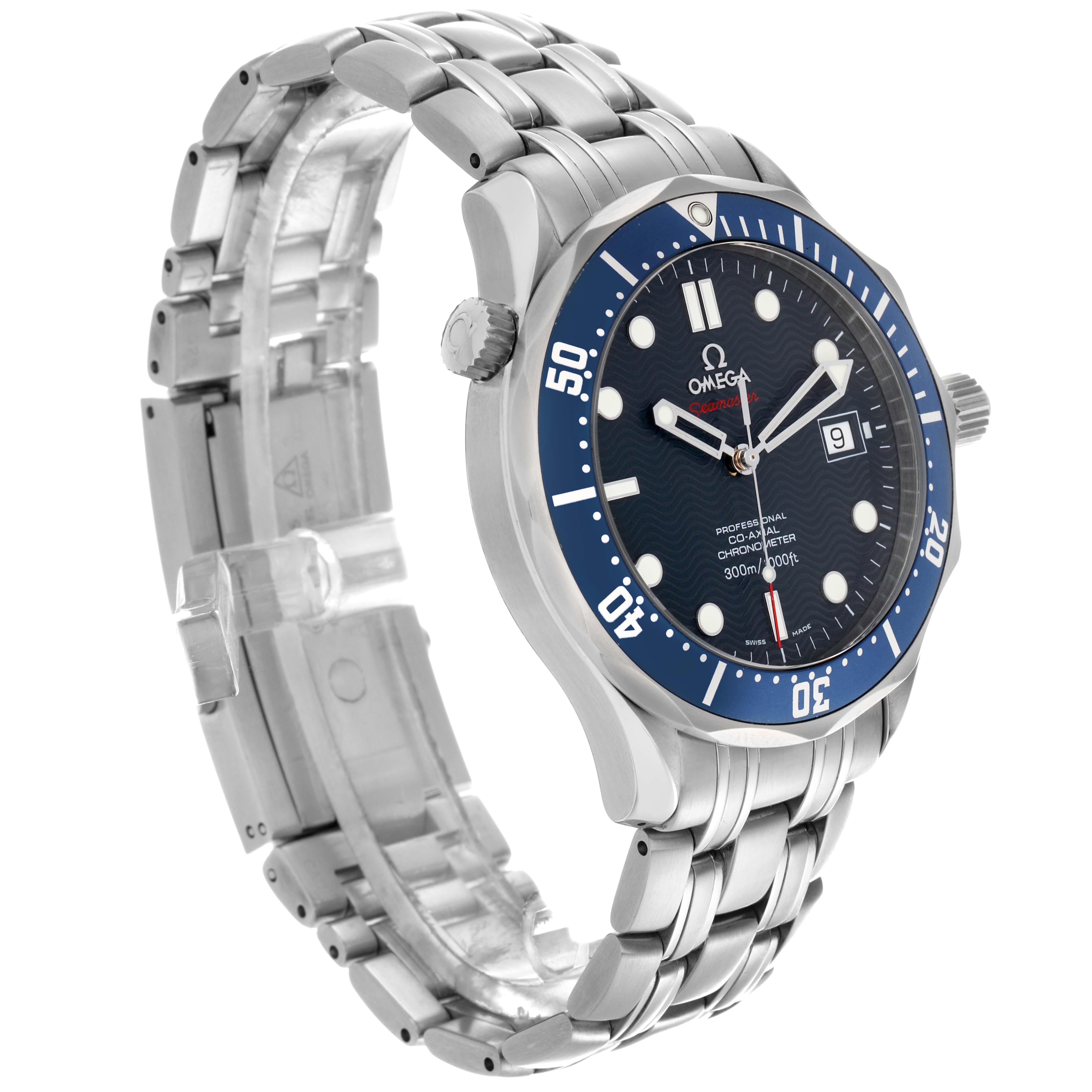 The Omega Seamaster 2220.80.00 Men
s Stainless Steel Blue Dial 2220.80.00 Men
s Stainless Steel Blue Dial watch is shown from a three-quarter view, displaying the face, bezel, case, crown, and metal bracelet.