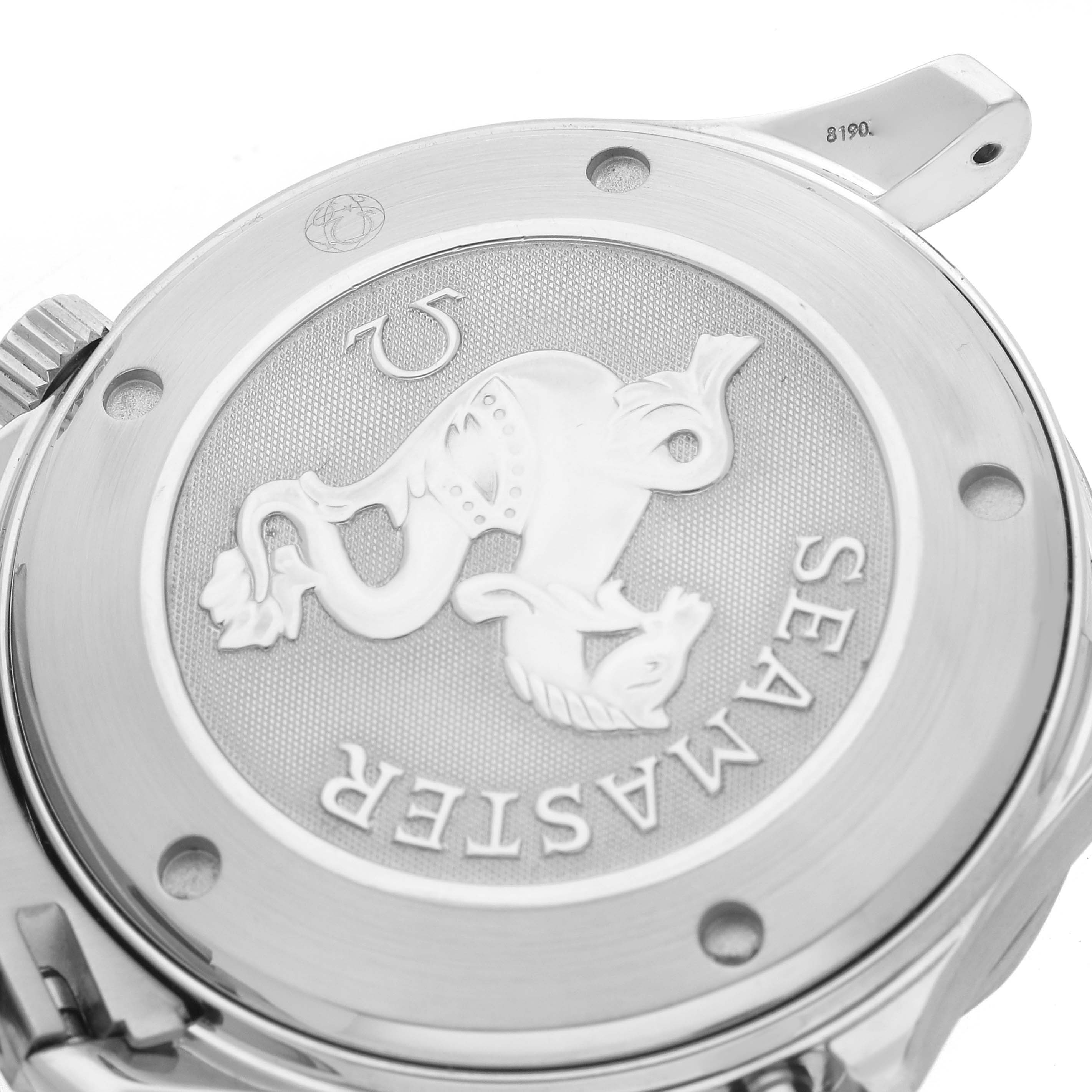 The image shows the case back of the Omega Seamaster 2220.80.00 Men
s Stainless Steel Blue Dial 2220.80.00 Men
s Stainless Steel Blue Dial watch, featuring an embossed emblem and engraved text.