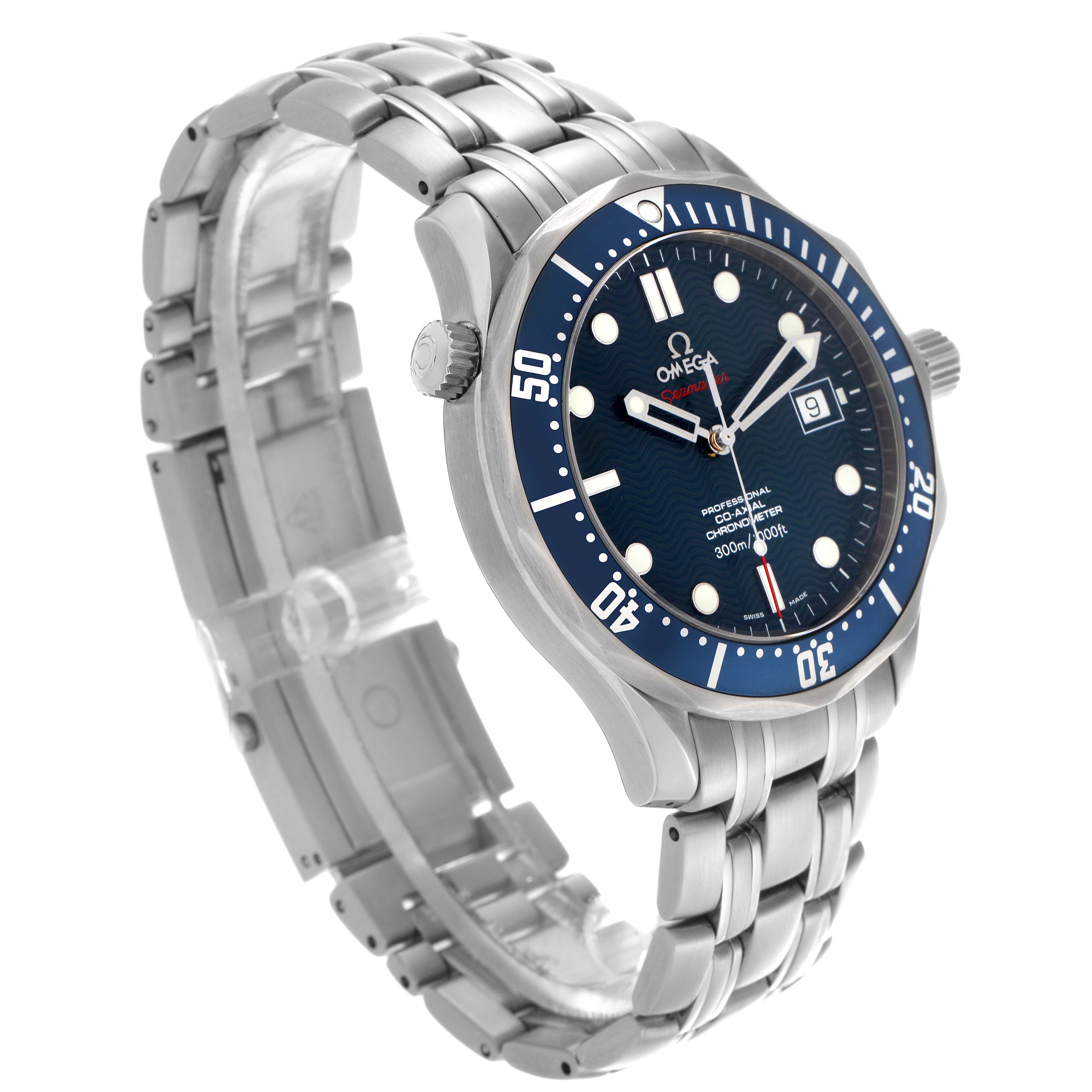 The Omega Seamaster 2220.80.00 Men
s Stainless Steel Blue Dial 2220.80.00 Men
s Stainless Steel Blue Dial watch is shown at a three-quarter angle, highlighting the blue dial, bezel, and stainless steel bracelet.