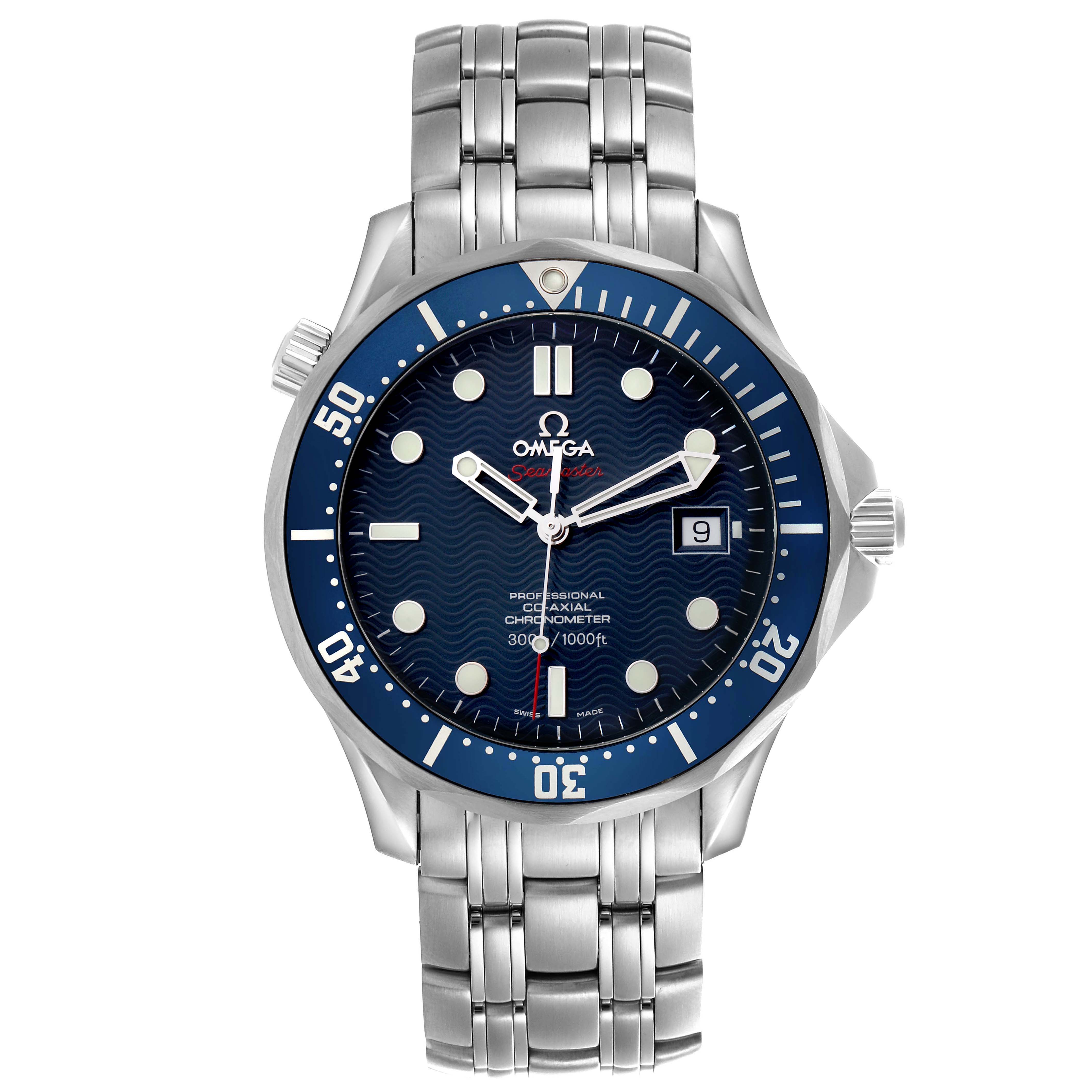 The Omega Seamaster 2220.80.00 Men
s Stainless Steel Blue Dial 2220.80.00 Men
s Stainless Steel Blue Dial watch is shown from a front angle, highlighting its blue dial, bezel, hands, markers, and stainless steel bracelet.