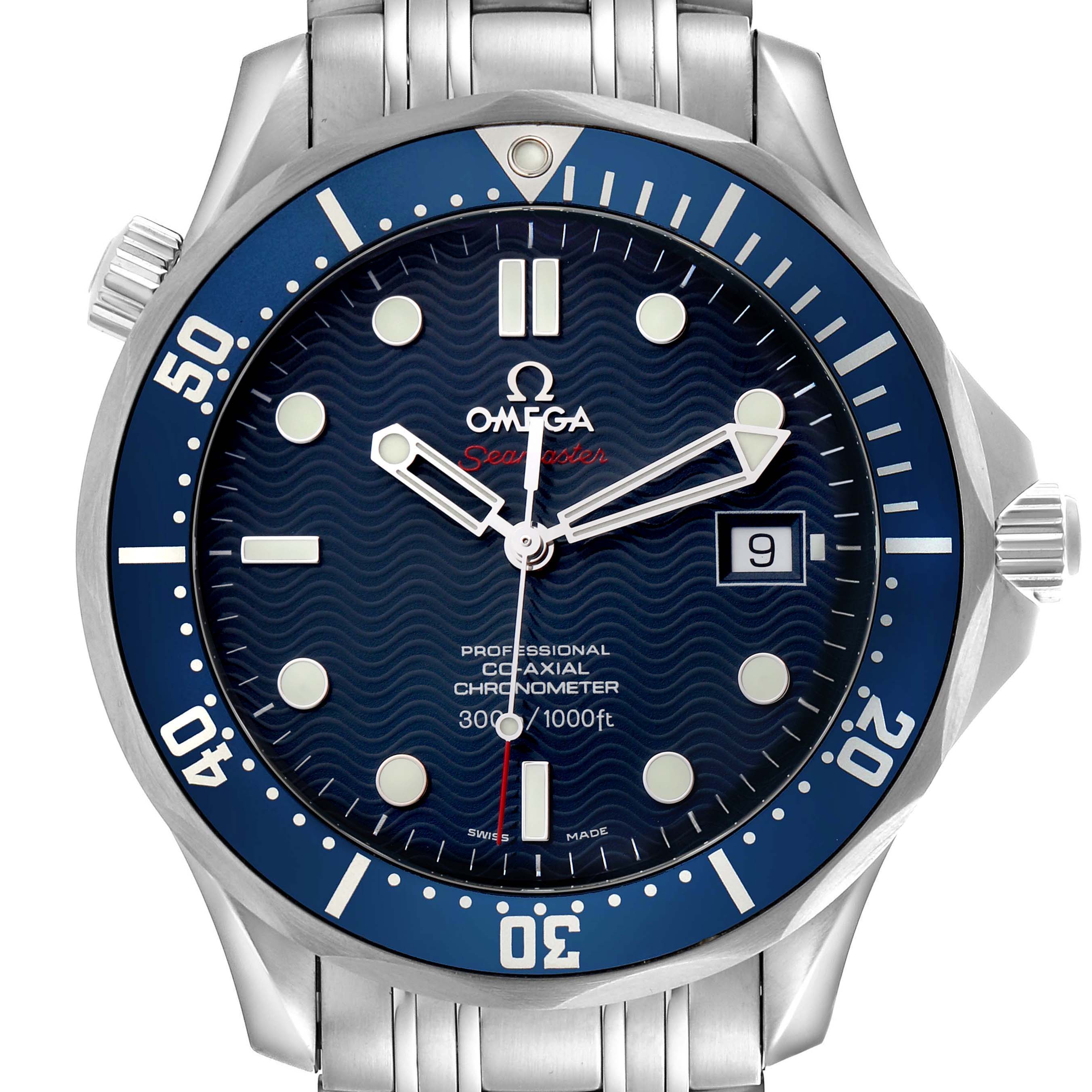 The Omega Seamaster 2220.80.00 Men
s Stainless Steel Blue Dial 2220.80.00 Men
s Stainless Steel Blue Dial watch is shown from the front, displaying the dial, hands, bezel, and part of the bracelet.