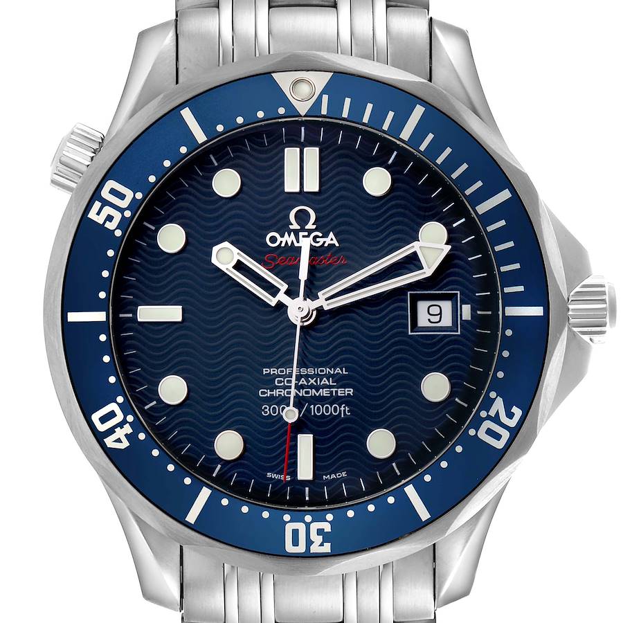 The Omega Seamaster watch is shown from the front, displaying the dial, hands, bezel, and part of the bracelet.