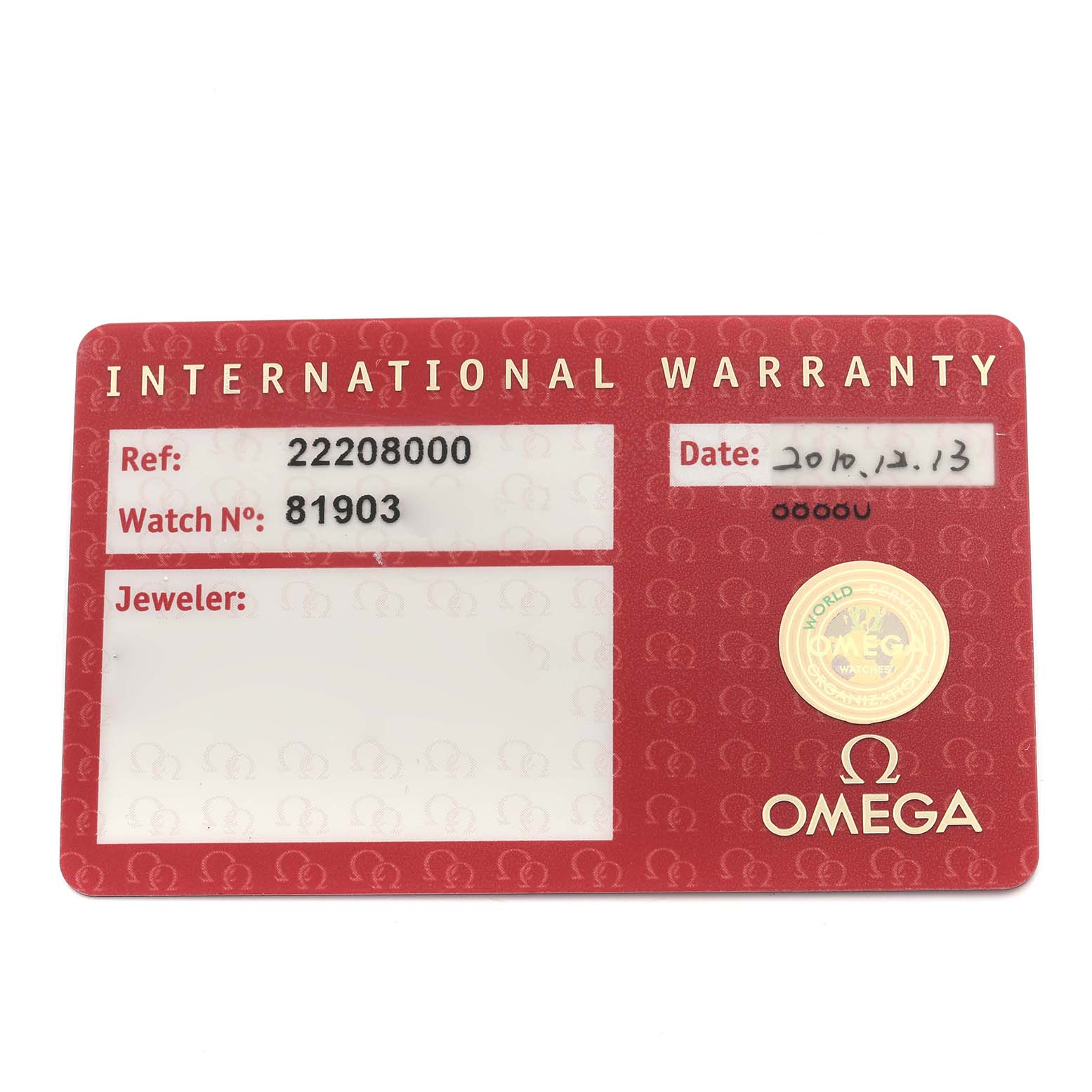This image shows the international warranty card for the Omega Seamaster 2220.80.00 Men
s Stainless Steel Blue Dial 2220.80.00 Men
s Stainless Steel Blue Dial model.