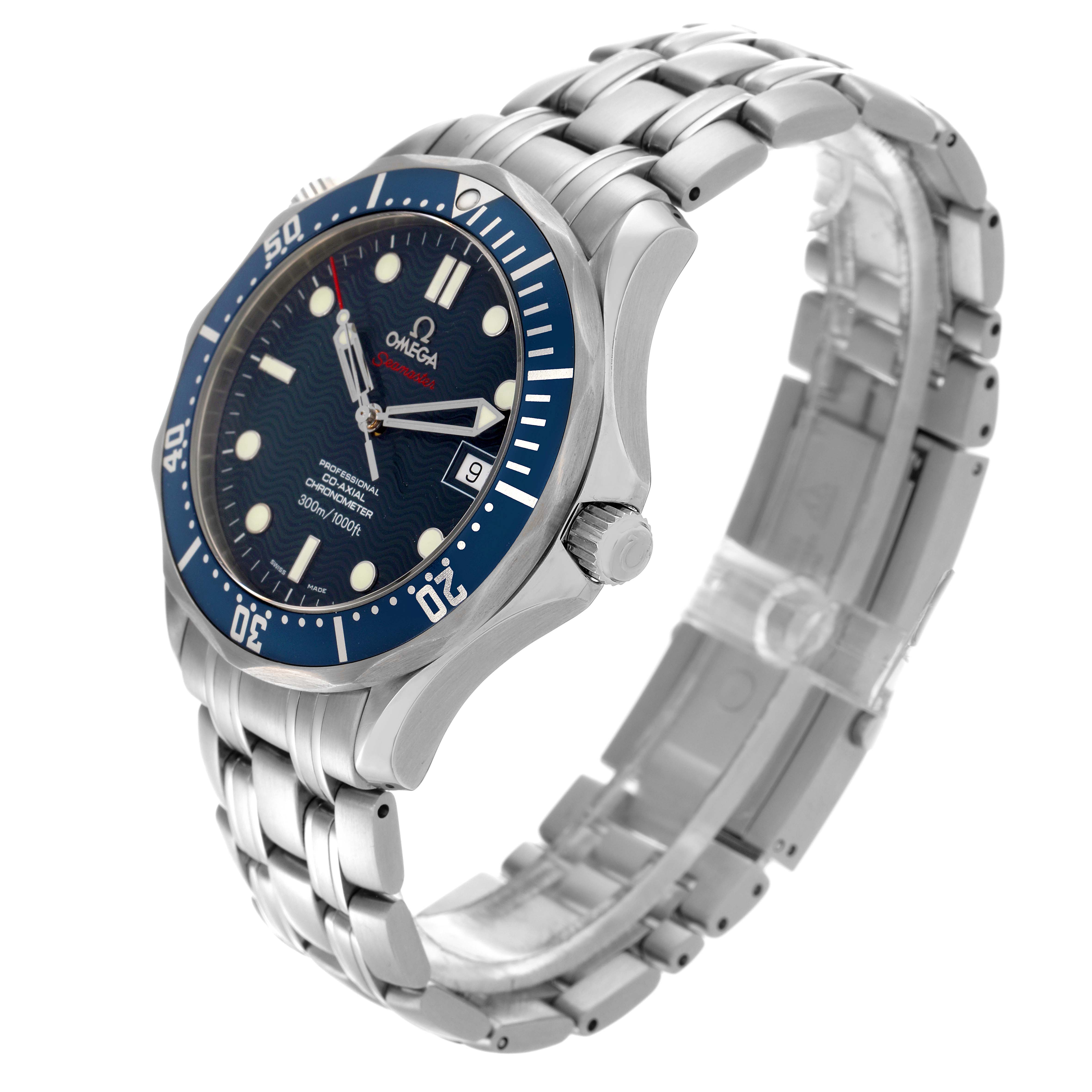 The Omega Seamaster 2220.80.00 Men
s Stainless Steel Blue Dial 2220.80.00 Men
s Stainless Steel Blue Dial watch is shown at a three-quarter angle, displaying the face, bezel, crown, and bracelet.