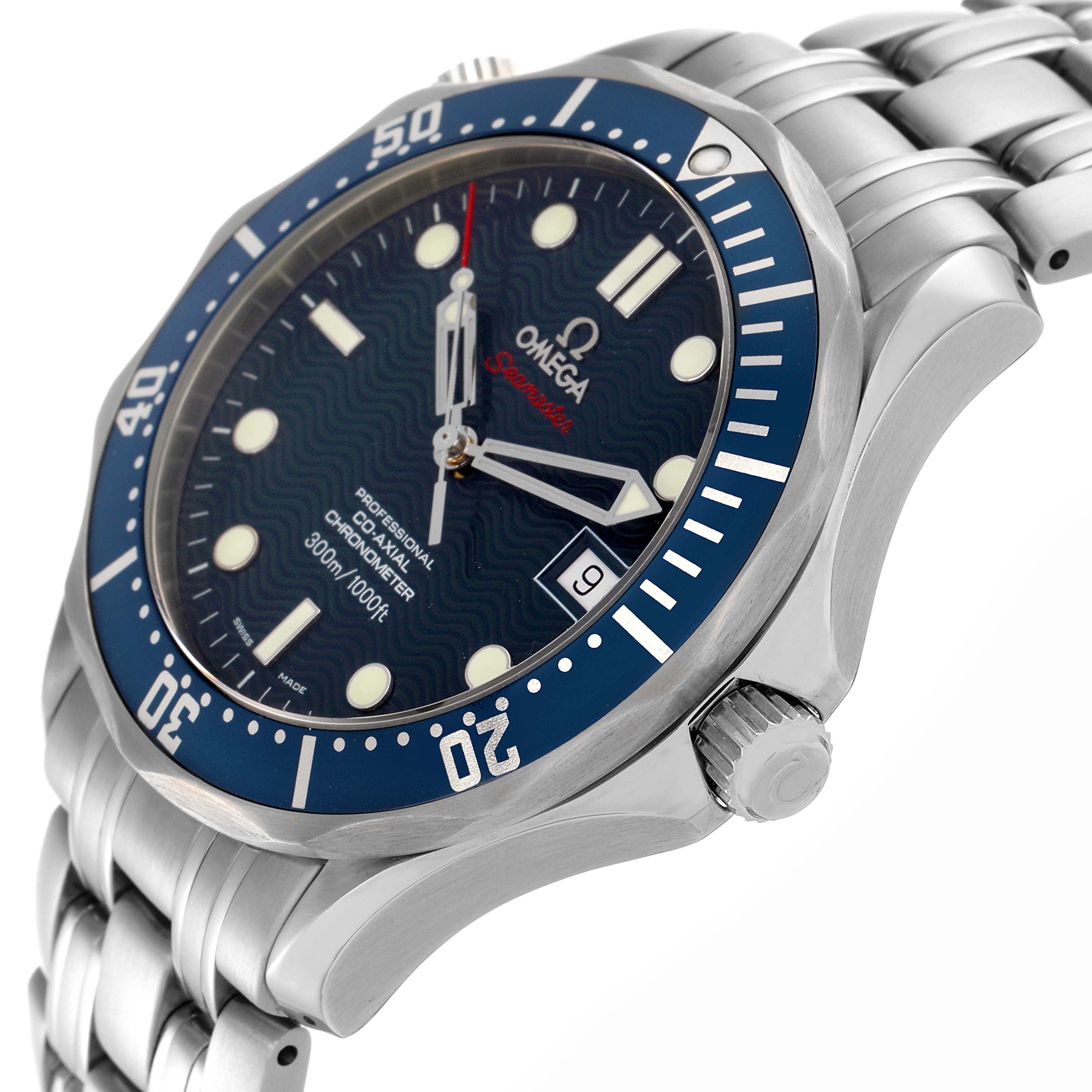 The Omega Seamaster 2220.80.00 Men
s Stainless Steel Blue Dial 2220.80.00 Men
s Stainless Steel Blue Dial watch is shown at a side angle, revealing the dial, bezel, crown, and part of the bracelet.
