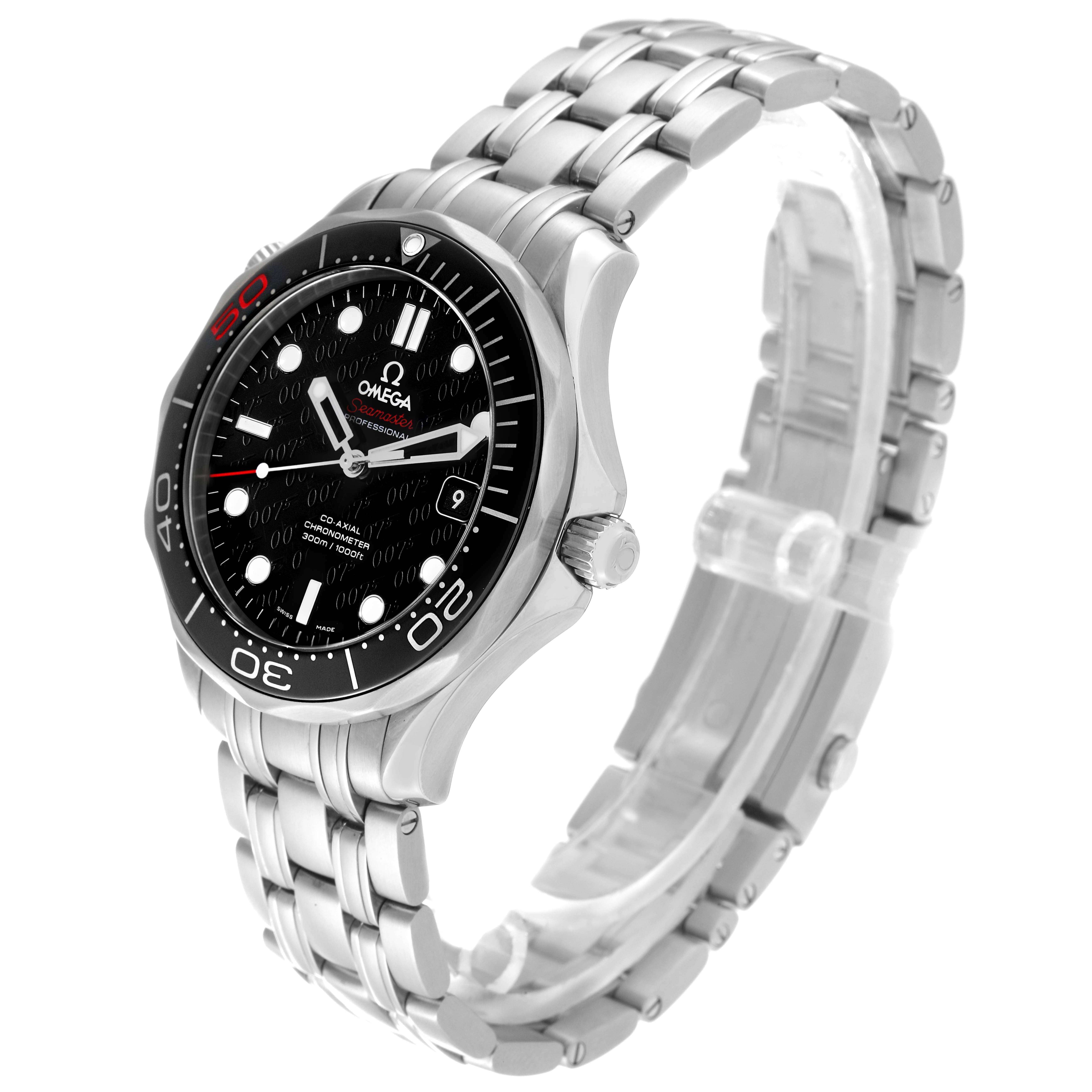 The image shows the Omega Seamaster 212.30.41.20.01.005 Men's Stainless Steel Black Dial 212.30.41.20.01.005 Men's Stainless Steel Black Dial watch at an angle that displays the face, bezel, crown, and bracelet clearly.