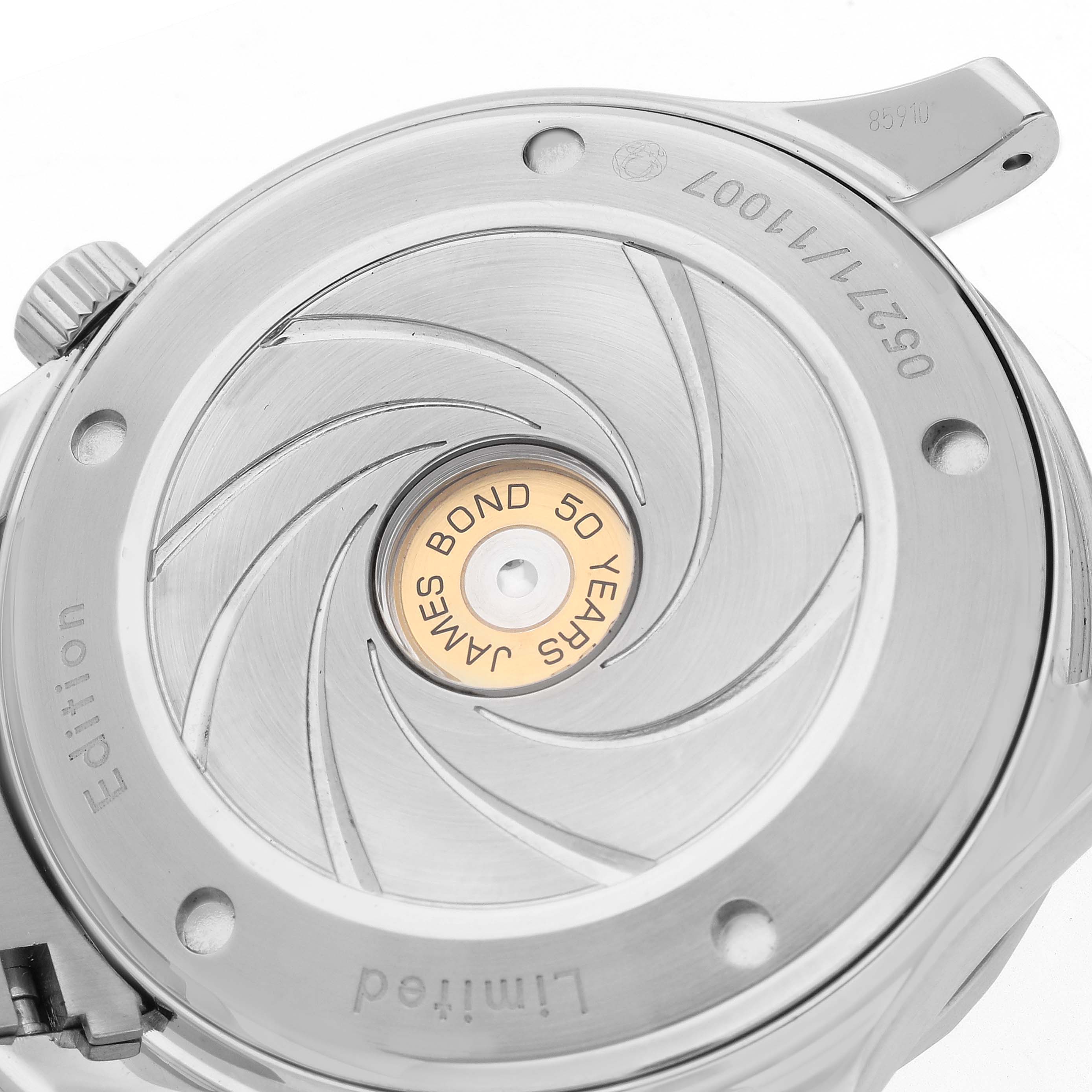 This image shows the case back of an Omega Seamaster 212.30.41.20.01.005 Men's Stainless Steel Black Dial 212.30.41.20.01.005 Men's Stainless Steel Black Dial model, featuring "James Bond 50 Years" engraving.