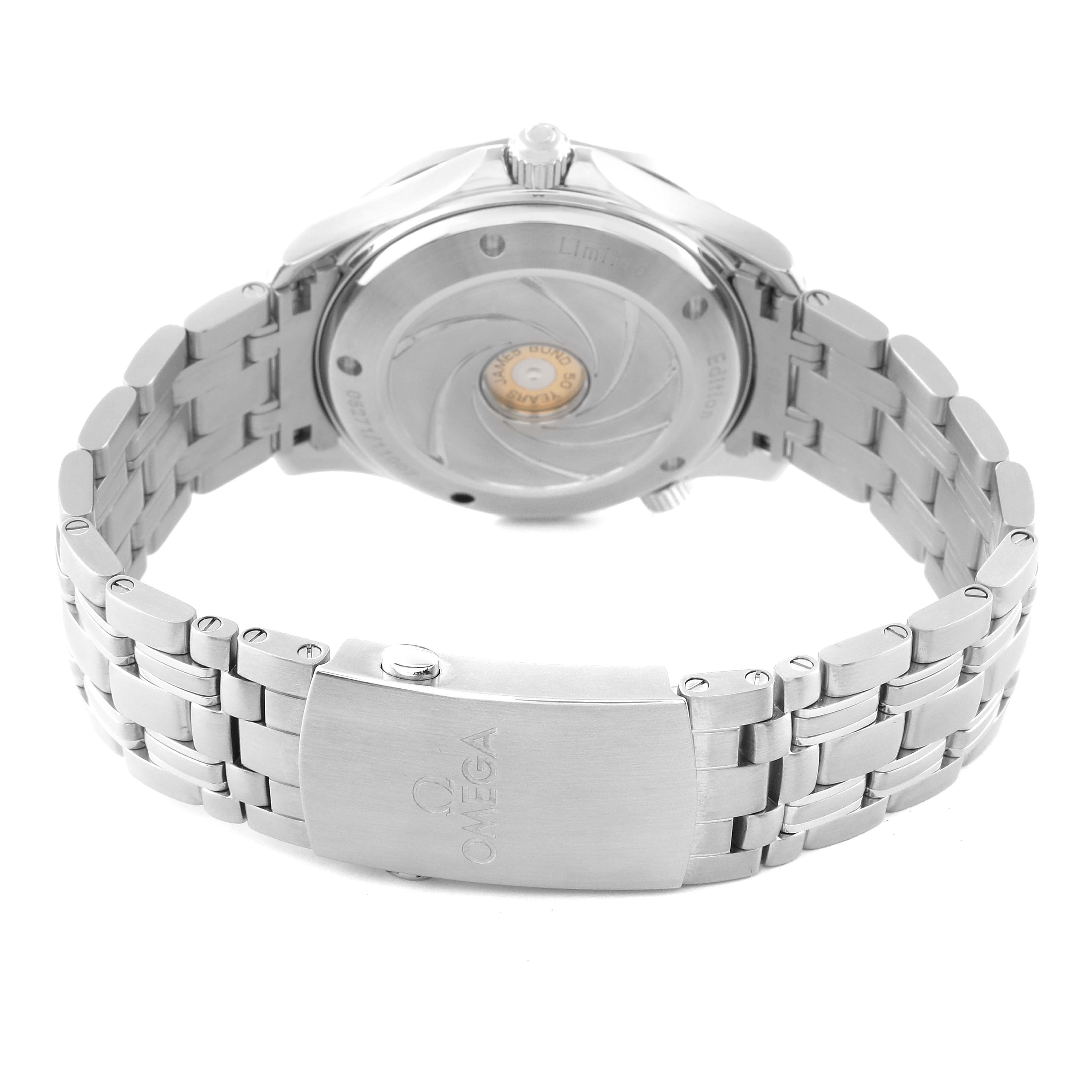 The image shows the back view of the Omega Seamaster 212.30.41.20.01.005 Men's Stainless Steel Black Dial 212.30.41.20.01.005 Men's Stainless Steel Black Dial watch, focusing on the case back and bracelet clasp.