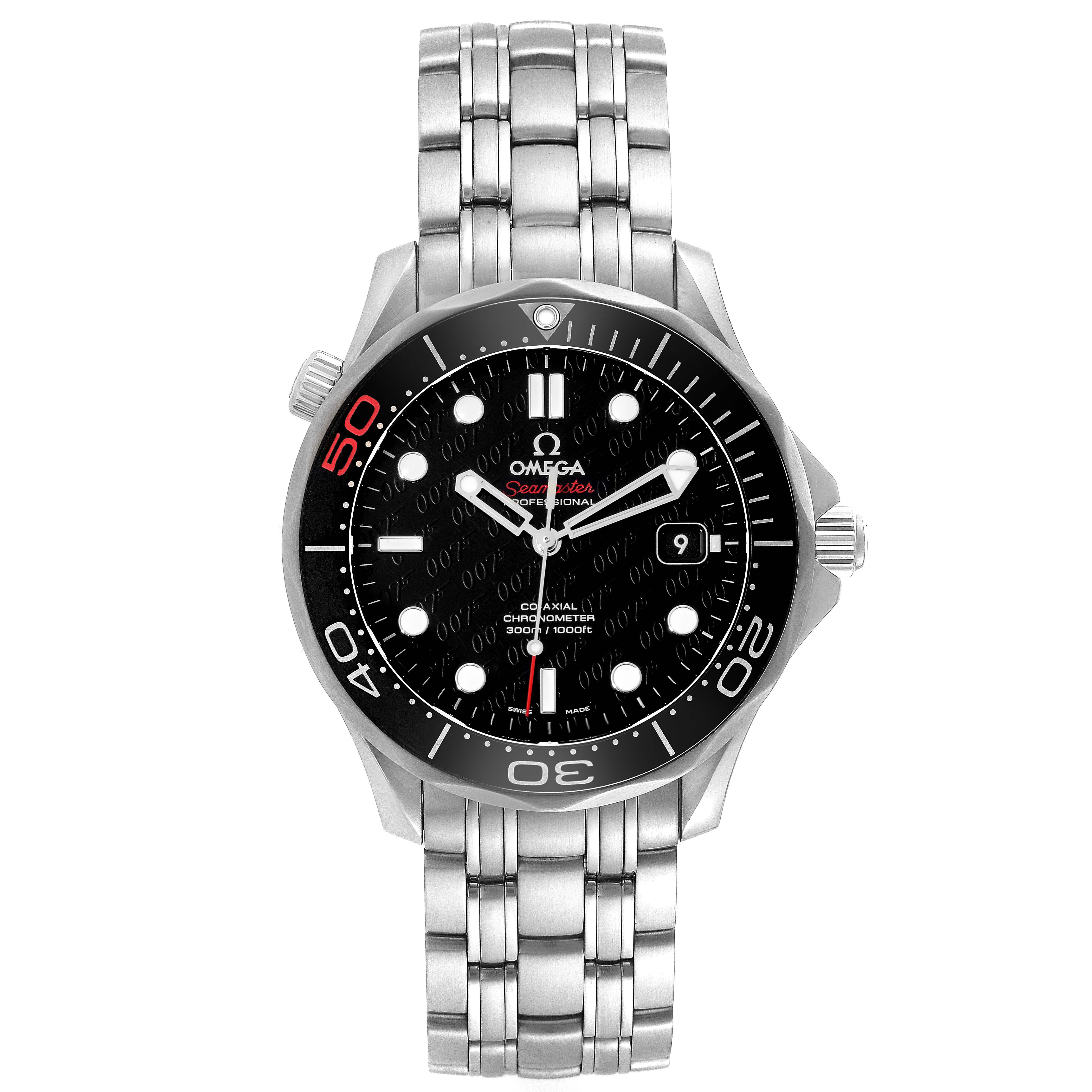 The image shows a frontal view of an Omega Seamaster 212.30.41.20.01.005 Men's Stainless Steel Black Dial 212.30.41.20.01.005 Men's Stainless Steel Black Dial watch, displaying the face, bezel, and a portion of the metal bracelet.