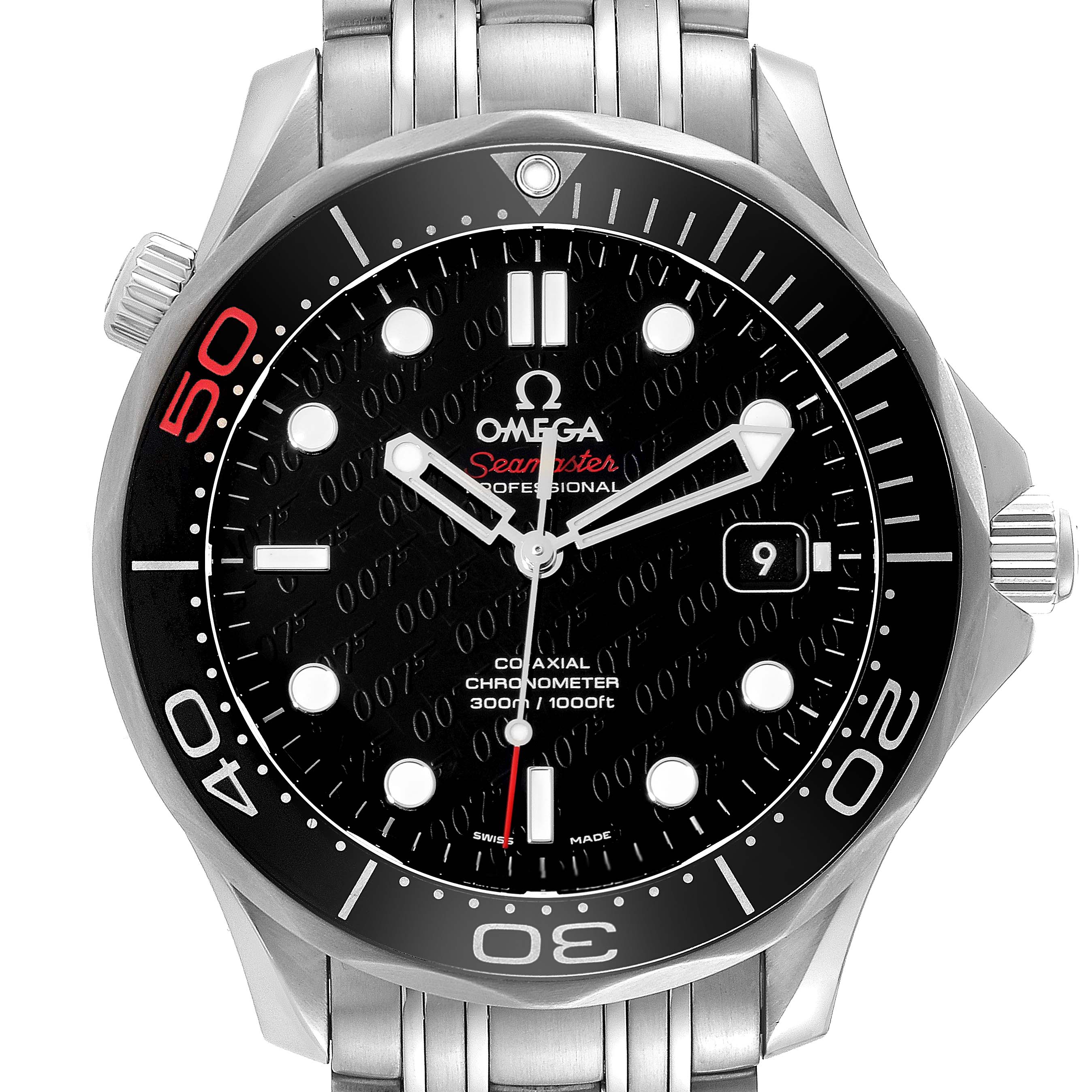 This image shows a front angle of an Omega Seamaster 212.30.41.20.01.005 Men's Stainless Steel Black Dial 212.30.41.20.01.005 Men's Stainless Steel Black Dial watch, highlighting its black dial, bezel, and stainless steel bracelet.