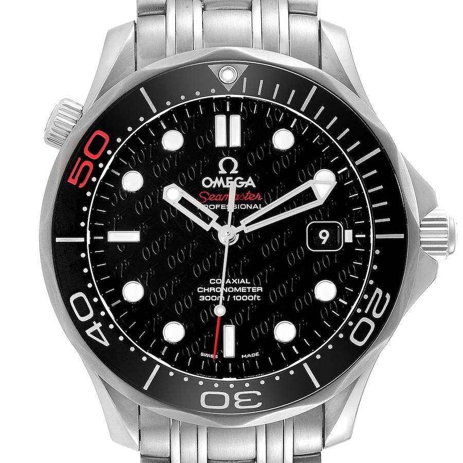 This image shows a front angle of an Omega Seamaster watch, highlighting its black dial, bezel, and stainless steel bracelet.