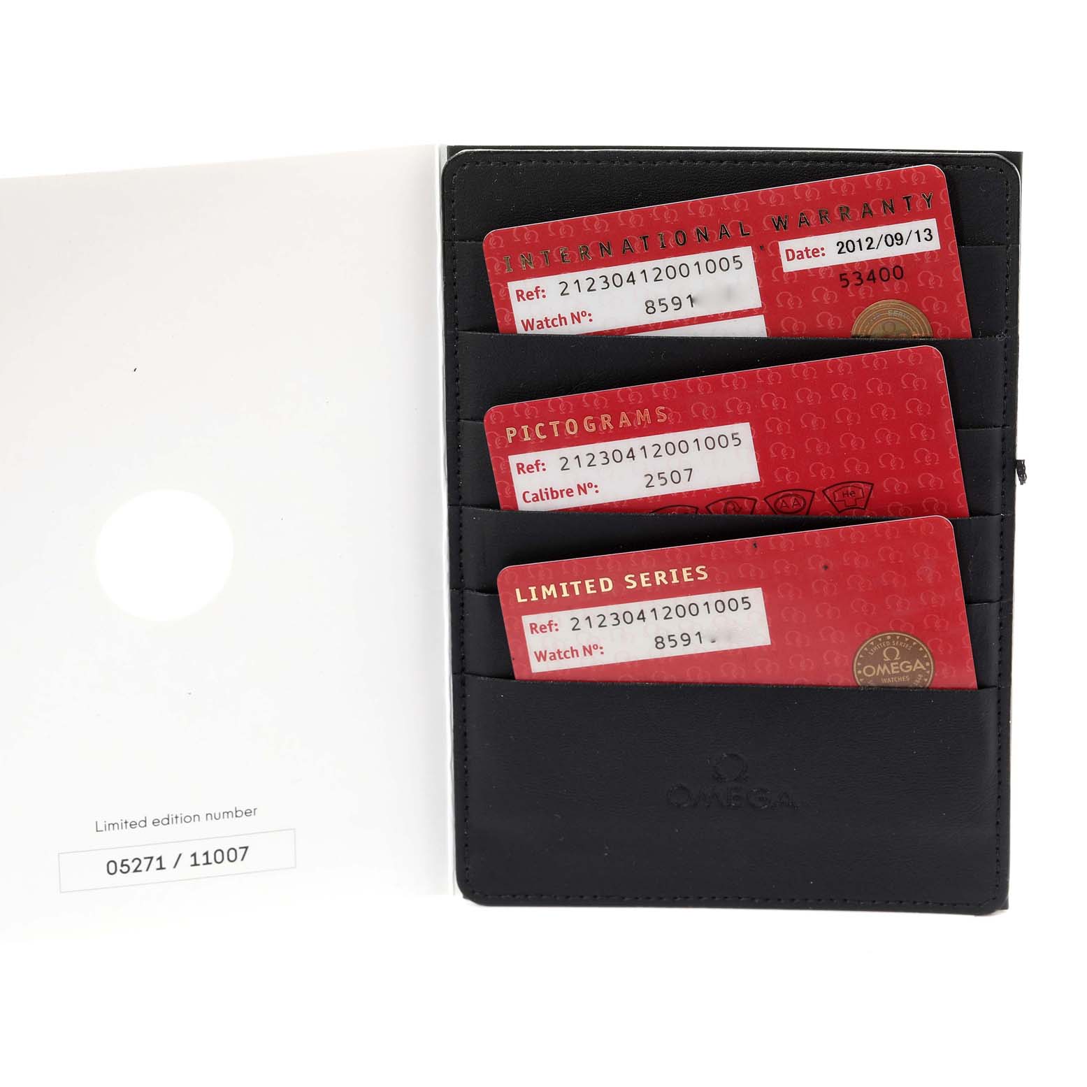 The image shows warranty cards for an Omega Seamaster 212.30.41.20.01.005 Men's Stainless Steel Black Dial 212.30.41.20.01.005 Men's Stainless Steel Black Dial model, organized in a black cardholder.