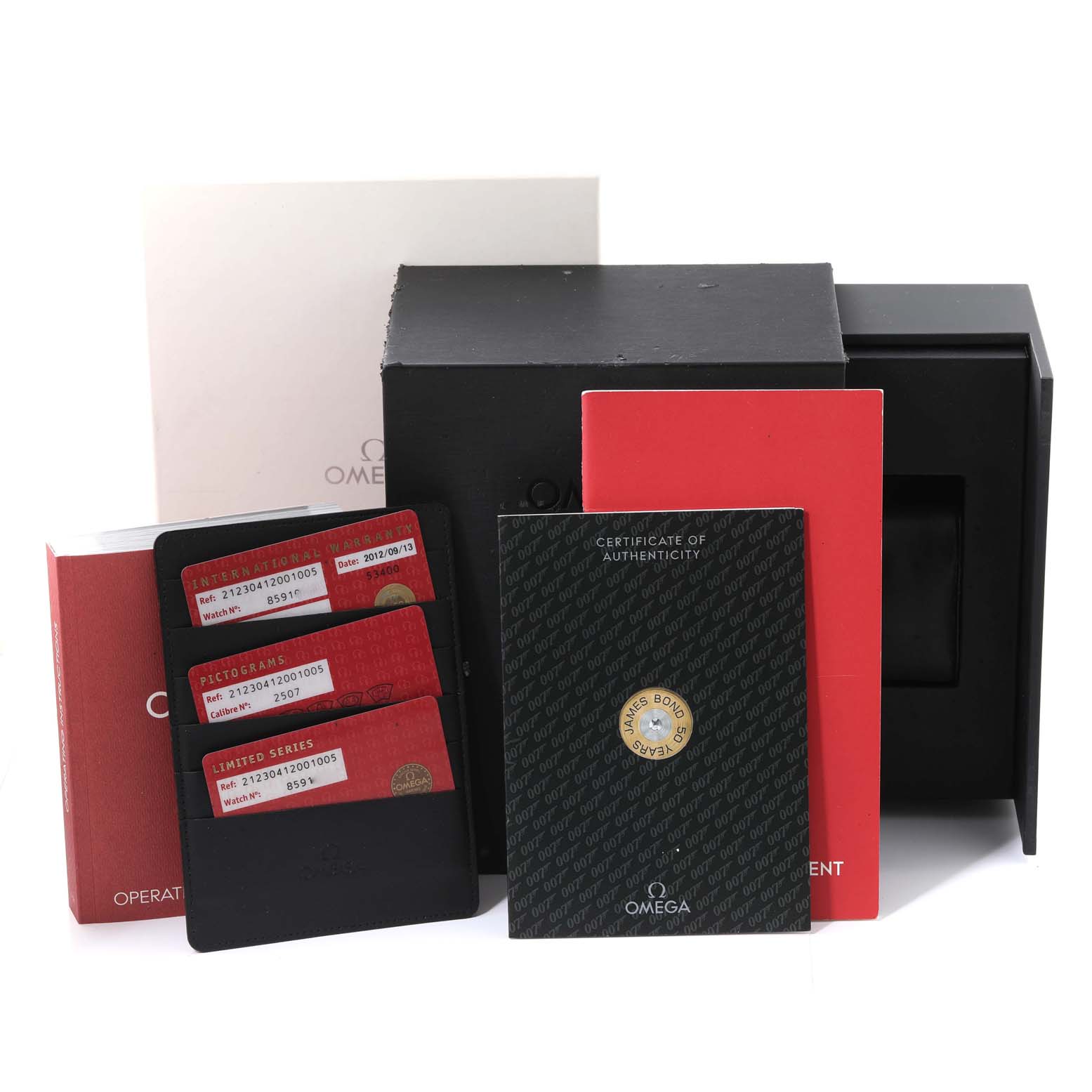 The image shows the packaging and accessories for an Omega Seamaster 212.30.41.20.01.005 Men's Stainless Steel Black Dial 212.30.41.20.01.005 Men's Stainless Steel Black Dial watch, including cards and a certificate of authenticity.