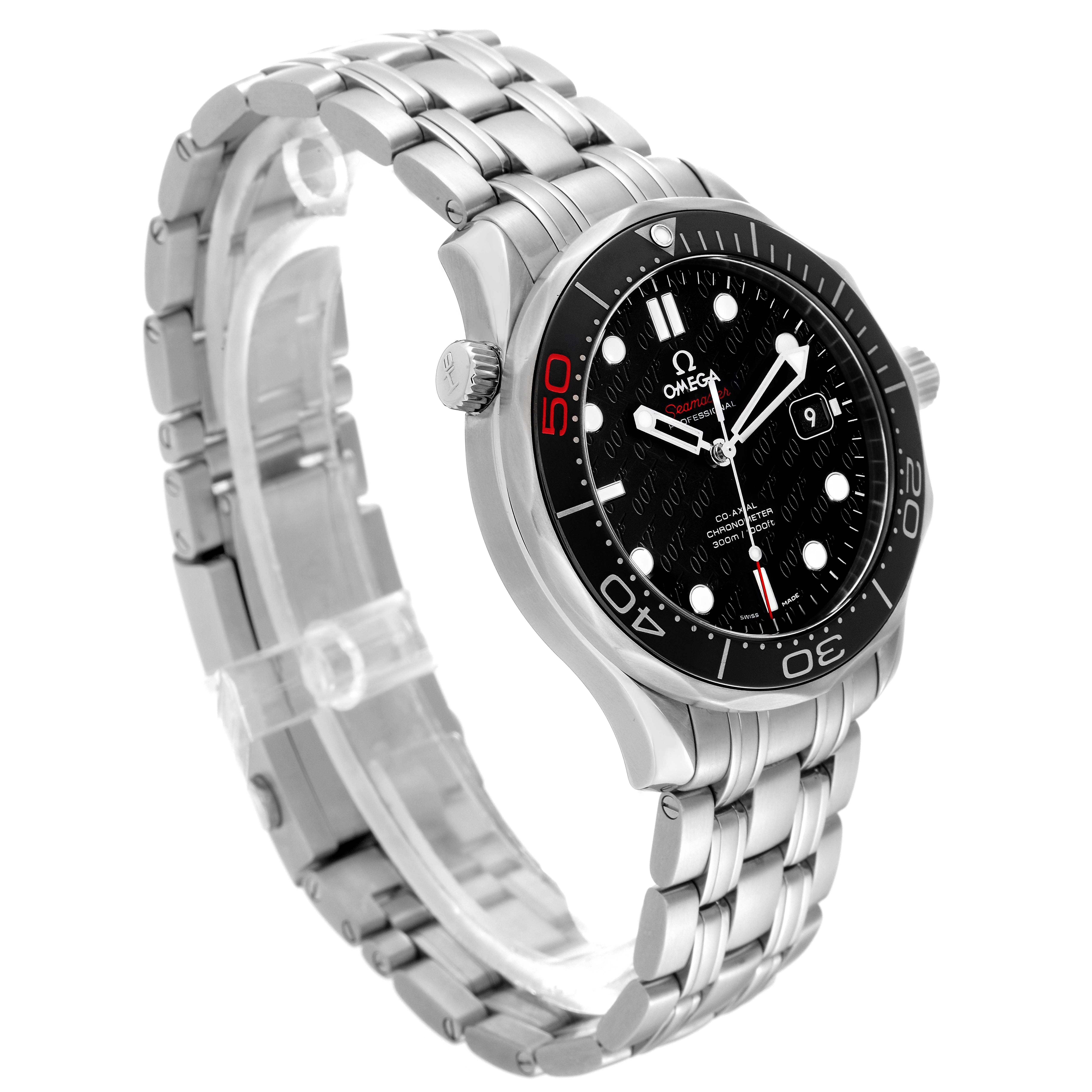 The Omega Seamaster 212.30.41.20.01.005 Men's Stainless Steel Black Dial 212.30.41.20.01.005 Men's Stainless Steel Black Dial watch is shown at a three-quarter angle, highlighting its black dial, bezel, crown, and silver stainless steel bracelet.