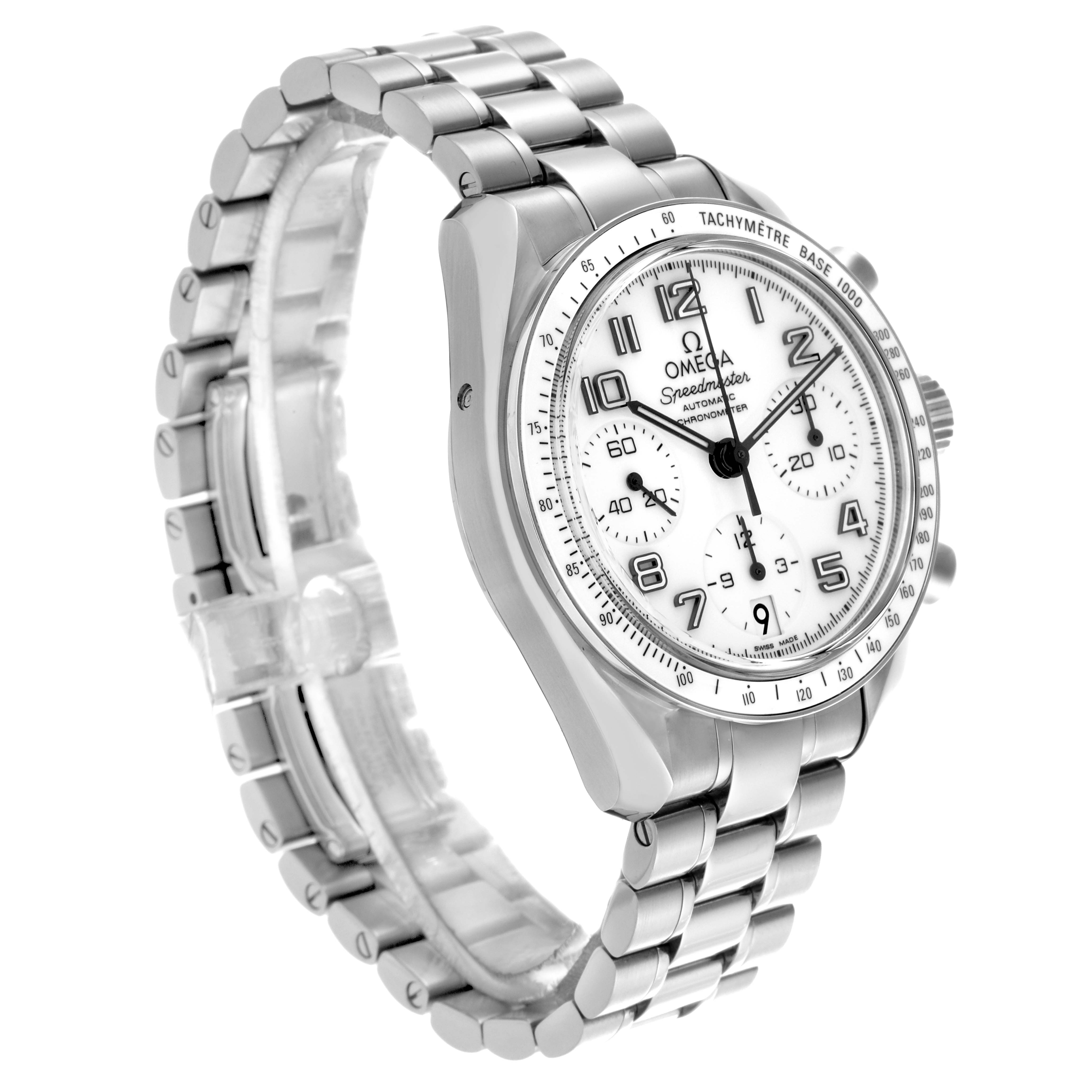 The Omega Speedmaster 324.30.38.40.04.001 Men
s Stainless Steel White Dial 324.30.38.40.04.001 Men
s Stainless Steel White Dial watch is shown at a three-quarter angle, displaying the face, bezel, and part of the metal bracelet.