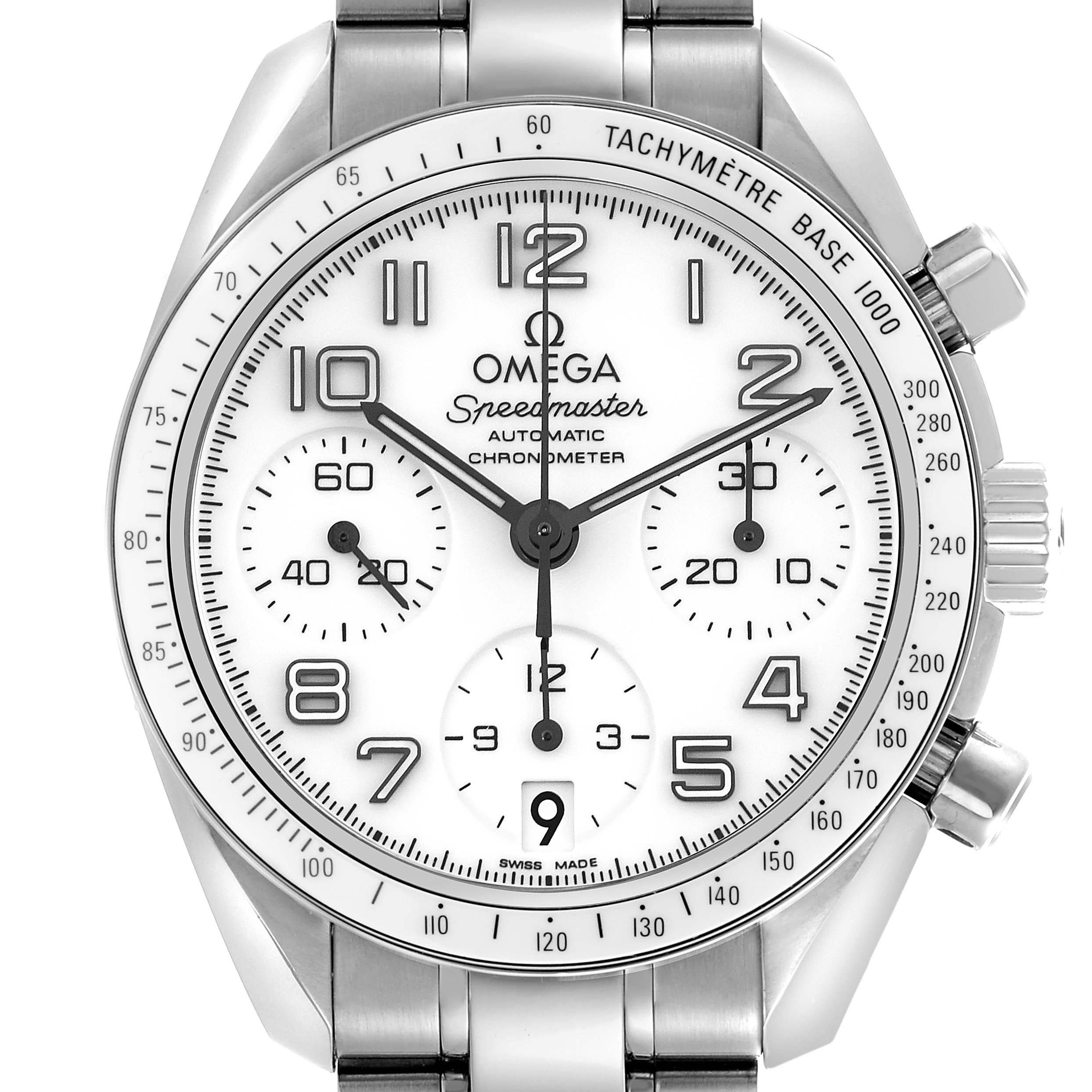 The Omega Speedmaster 324.30.38.40.04.001 Men
s Stainless Steel White Dial 324.30.38.40.04.001 Men
s Stainless Steel White Dial watch is shown from a front angle, highlighting its dial, tachymeter, and chronograph sub-dials.