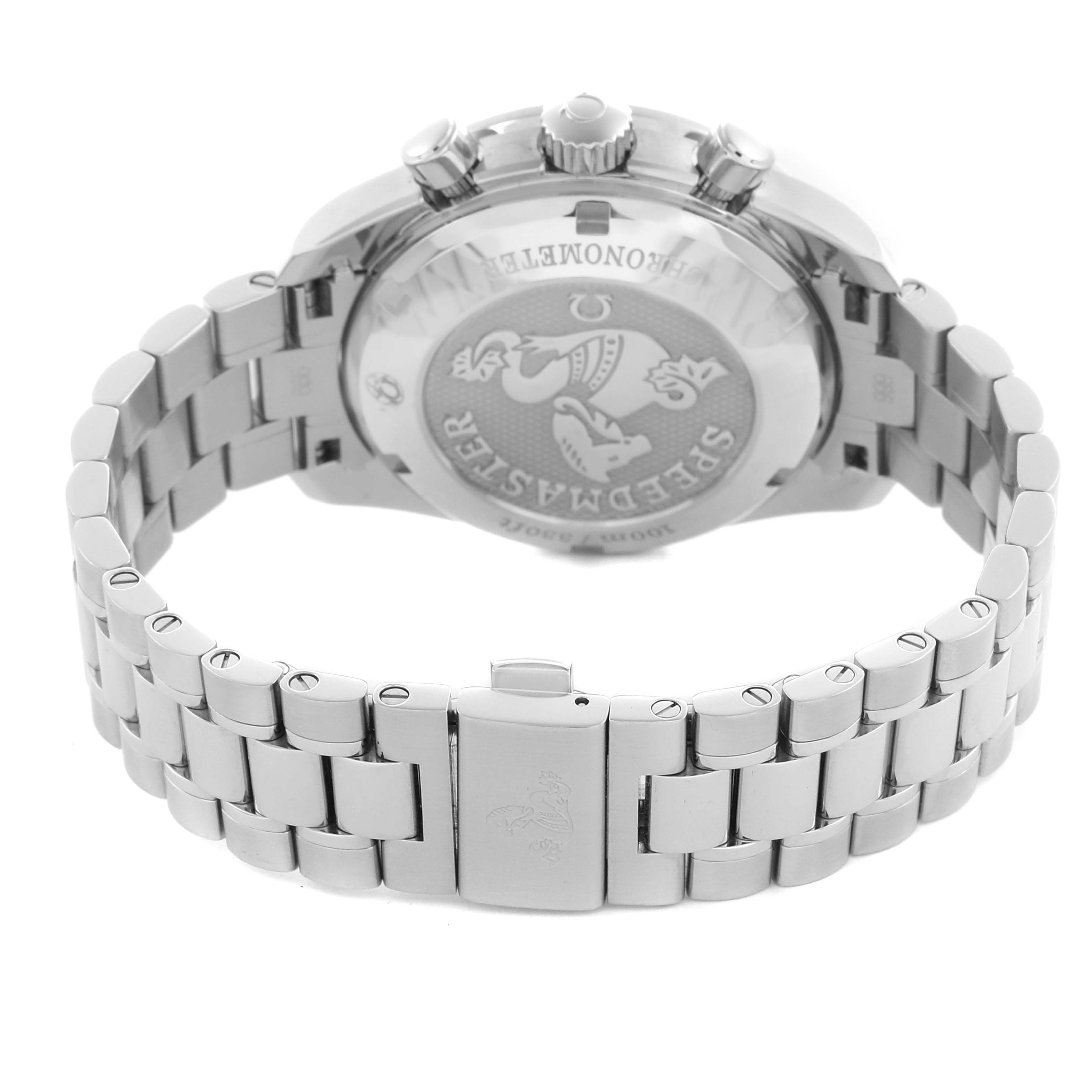 The Omega Speedmaster 324.30.38.40.04.001 Men
s Stainless Steel White Dial 324.30.38.40.04.001 Men
s Stainless Steel White Dial watch is shown from the back, highlighting its case back, bracelet, and clasp.