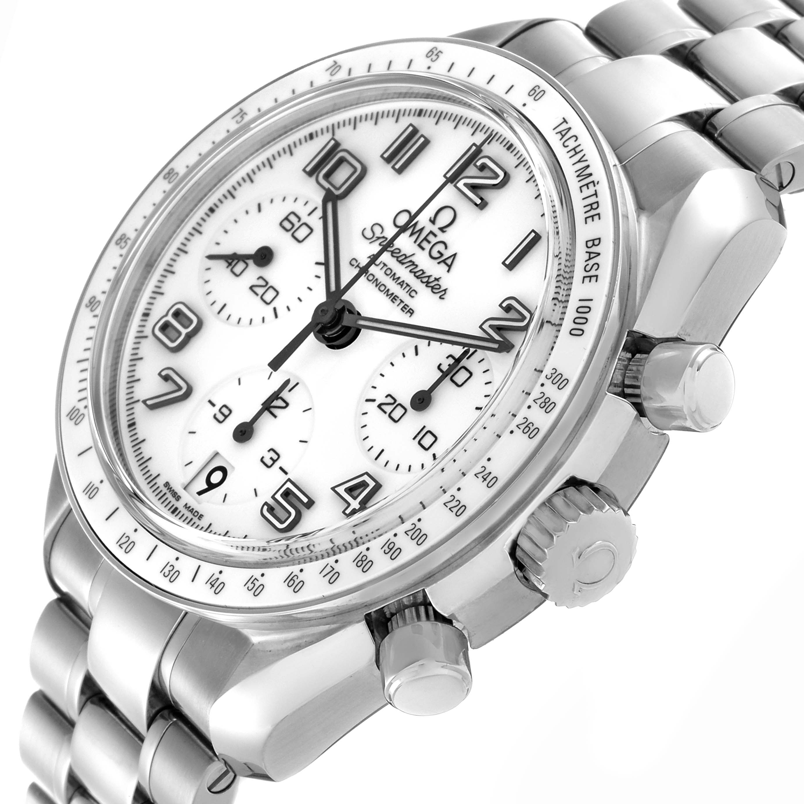 The Omega Speedmaster 324.30.38.40.04.001 Men
s Stainless Steel White Dial 324.30.38.40.04.001 Men
s Stainless Steel White Dial watch is shown at a three-quarter angle highlighting the dial, crown, pushers, and metal bracelet.