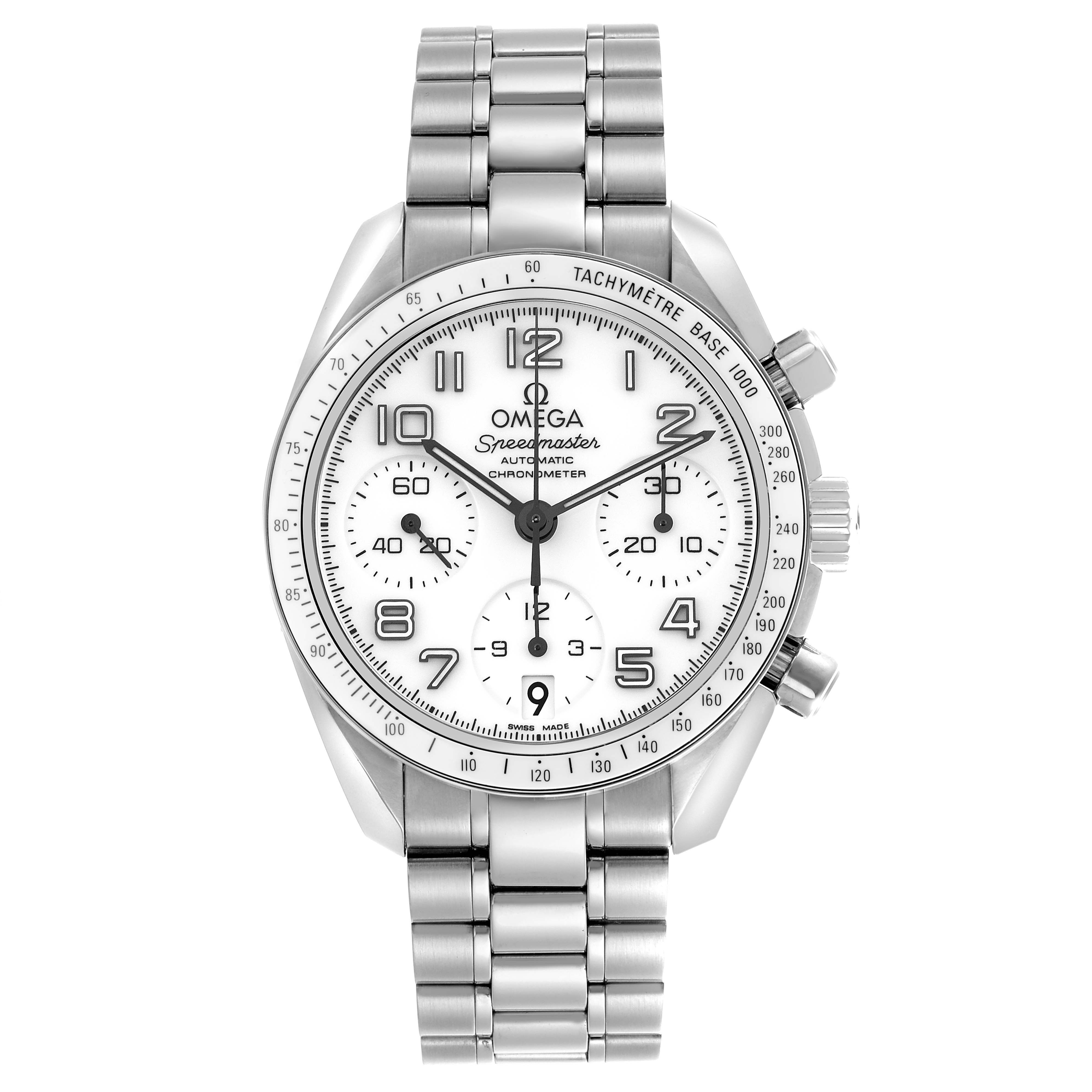 The Omega Speedmaster 324.30.38.40.04.001 Men
s Stainless Steel White Dial 324.30.38.40.04.001 Men
s Stainless Steel White Dial watch is pictured from the front, showing the dial, tachymeter bezel, chronograph subdials, and metal bracelet.