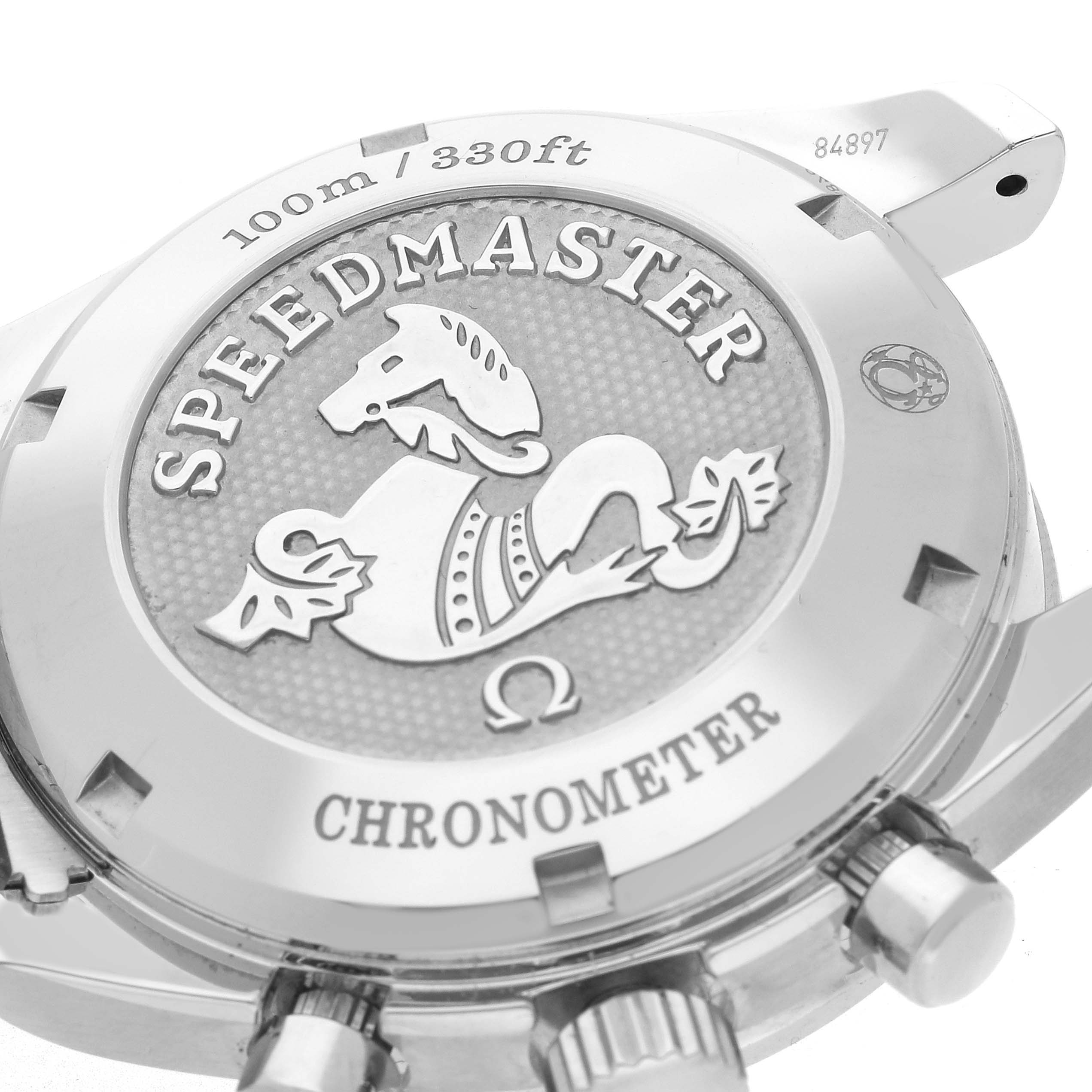 The image shows the case back of an Omega Speedmaster 324.30.38.40.04.001 Men
s Stainless Steel White Dial 324.30.38.40.04.001 Men
s Stainless Steel White Dial, featuring the "Speedmaster" and "Chronometer" engravings.