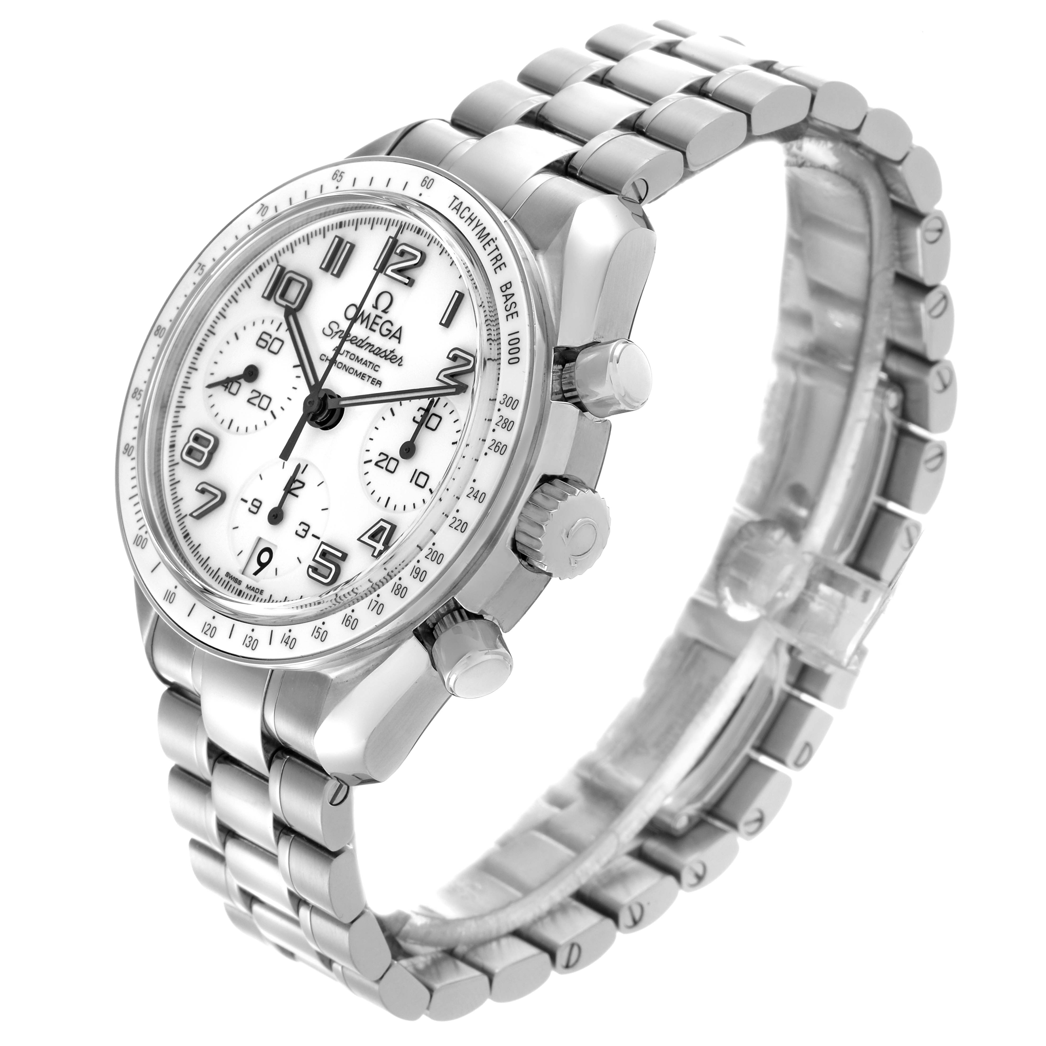 The Omega Speedmaster 324.30.38.40.04.001 Men
s Stainless Steel White Dial 324.30.38.40.04.001 Men
s Stainless Steel White Dial watch is shown at a three-quarter angle, displaying its face, bracelet, and side pushers.